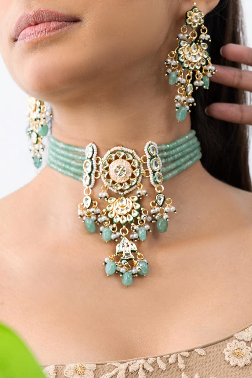 Bikaneri Emerald Dewdrop Kundan Choker Necklace set