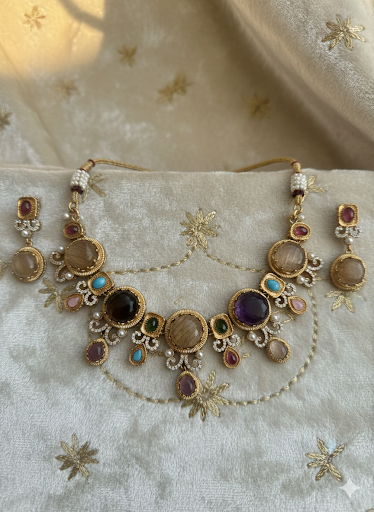 Handmade Navratna Style Choker Set - Multi-Gemstone Gold Plated Indian Necklace & Earrings - Ethnic Statement Set