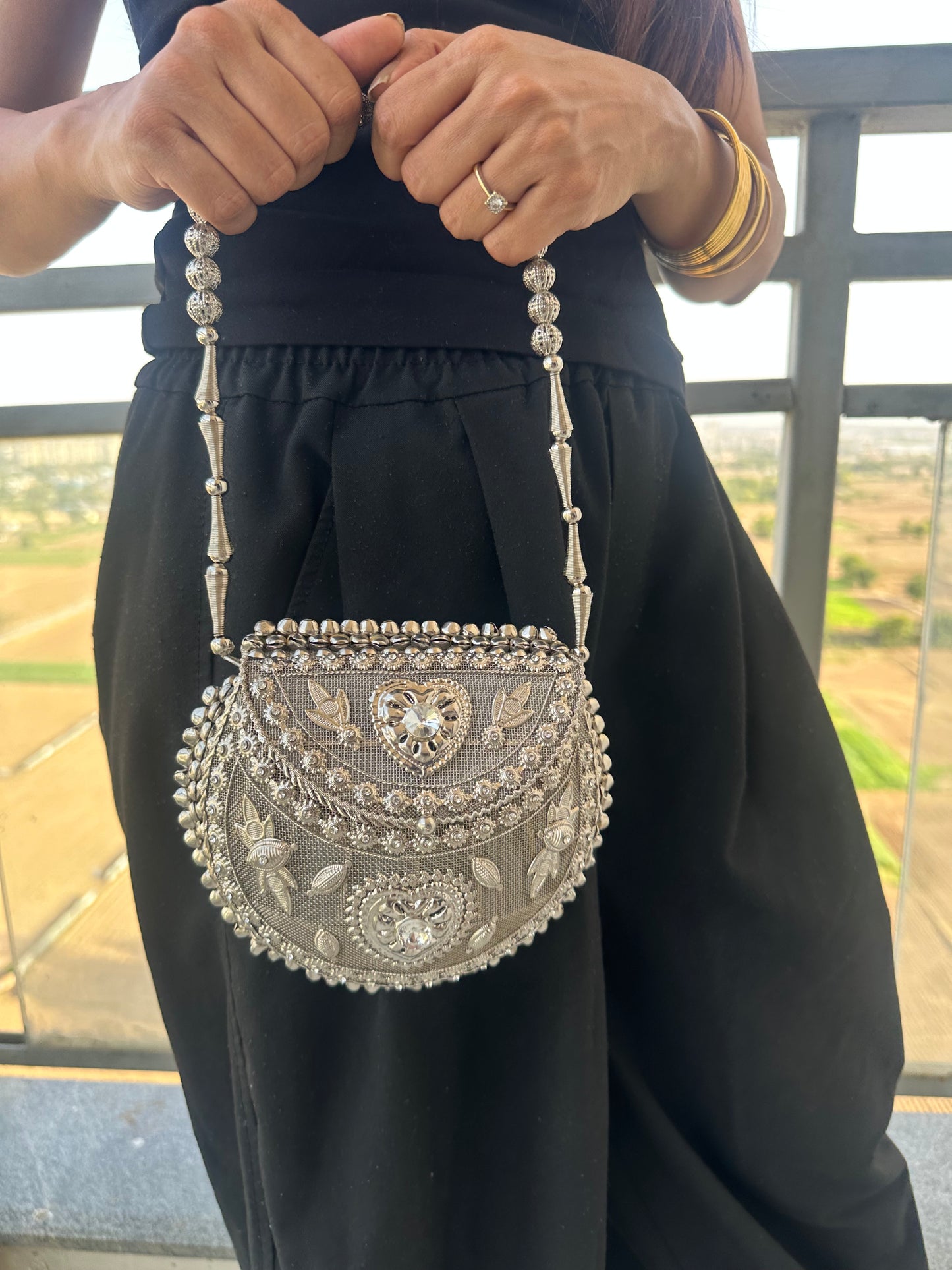Silver Beaded Potli Clutch