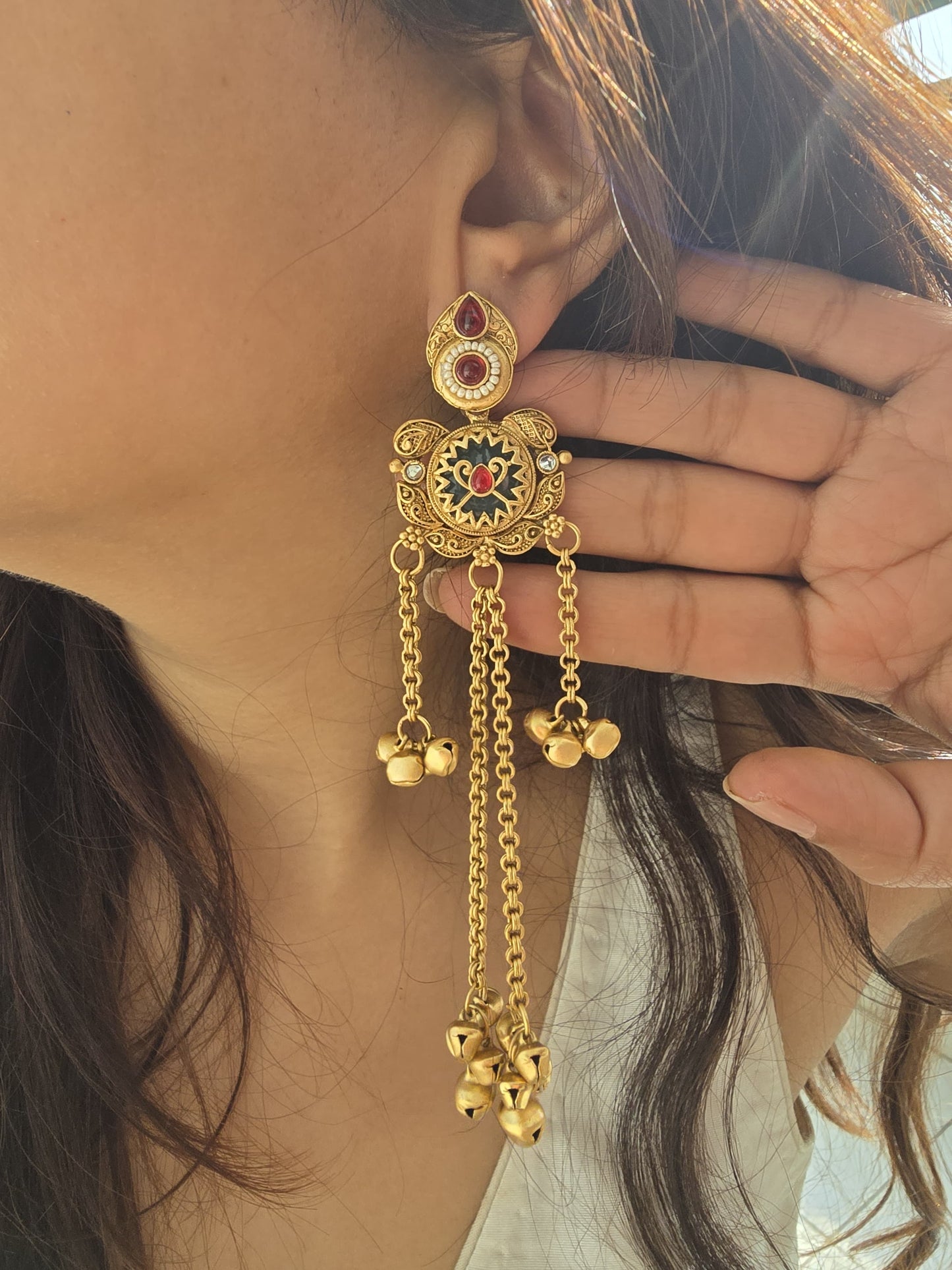 Mahira Gold Temple Jewellery Ghungroo Earrings | Matte gold Indian Jewellery