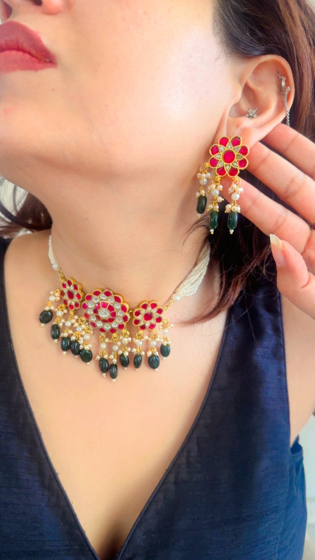 Ruby Floral Emerald Drop | Traditional Pachi Kundan Choker Set with Pearl Strand & Hanging Beads | Meenakari Indian Bridal Jewelry | Pearl Cord Choker Earrings Set (Copy) (Copy)