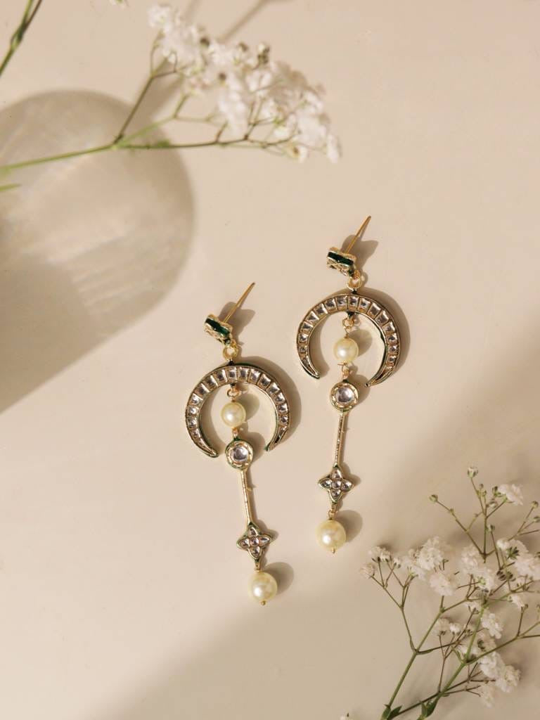 Gold-Plated Chandbali Long Drop Earrings with Kundan & Pearl Accents