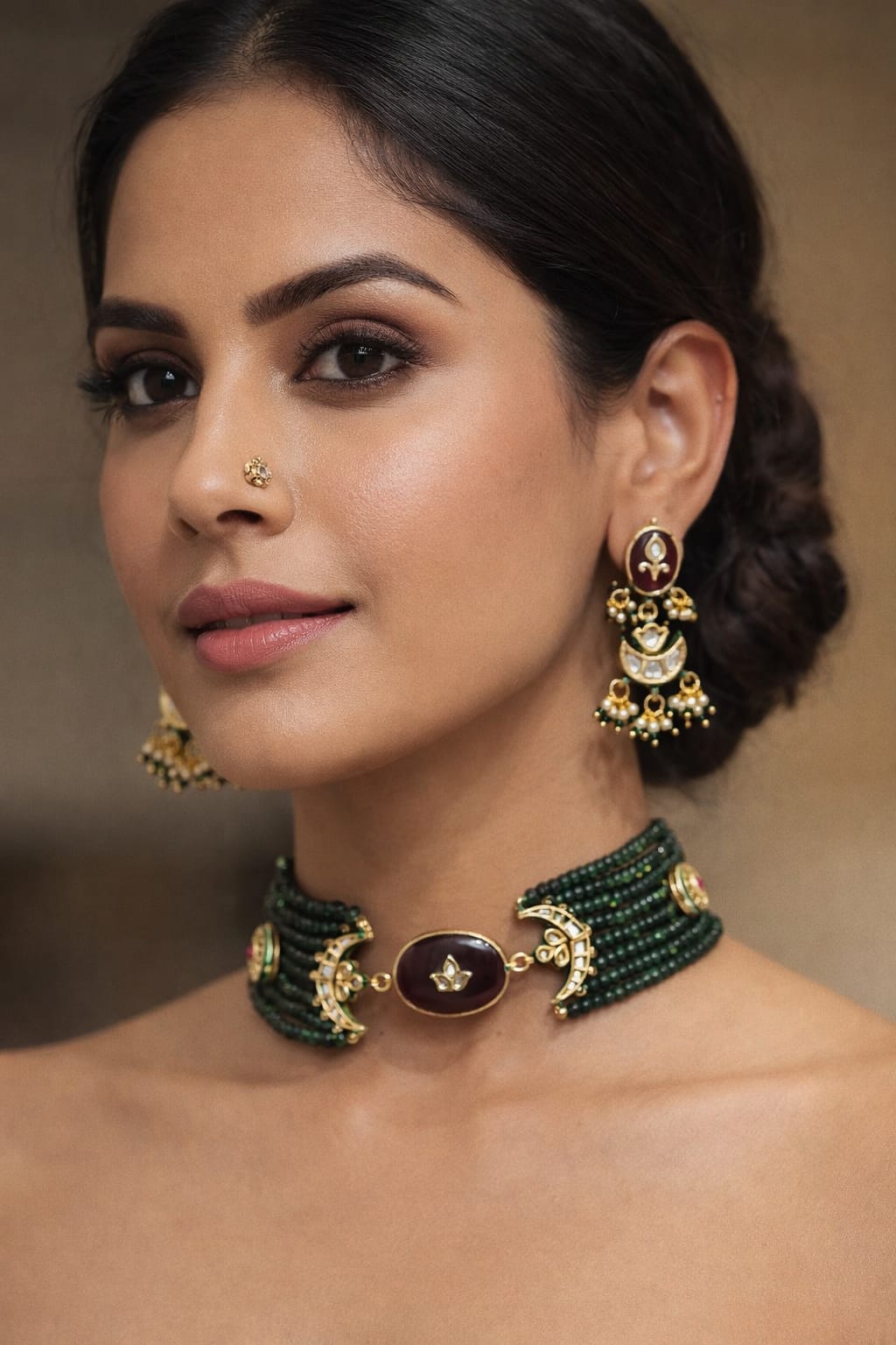Emerald Green Multi-Strand Choker Set with Ruby Red Stone & Kundan Crescent Details