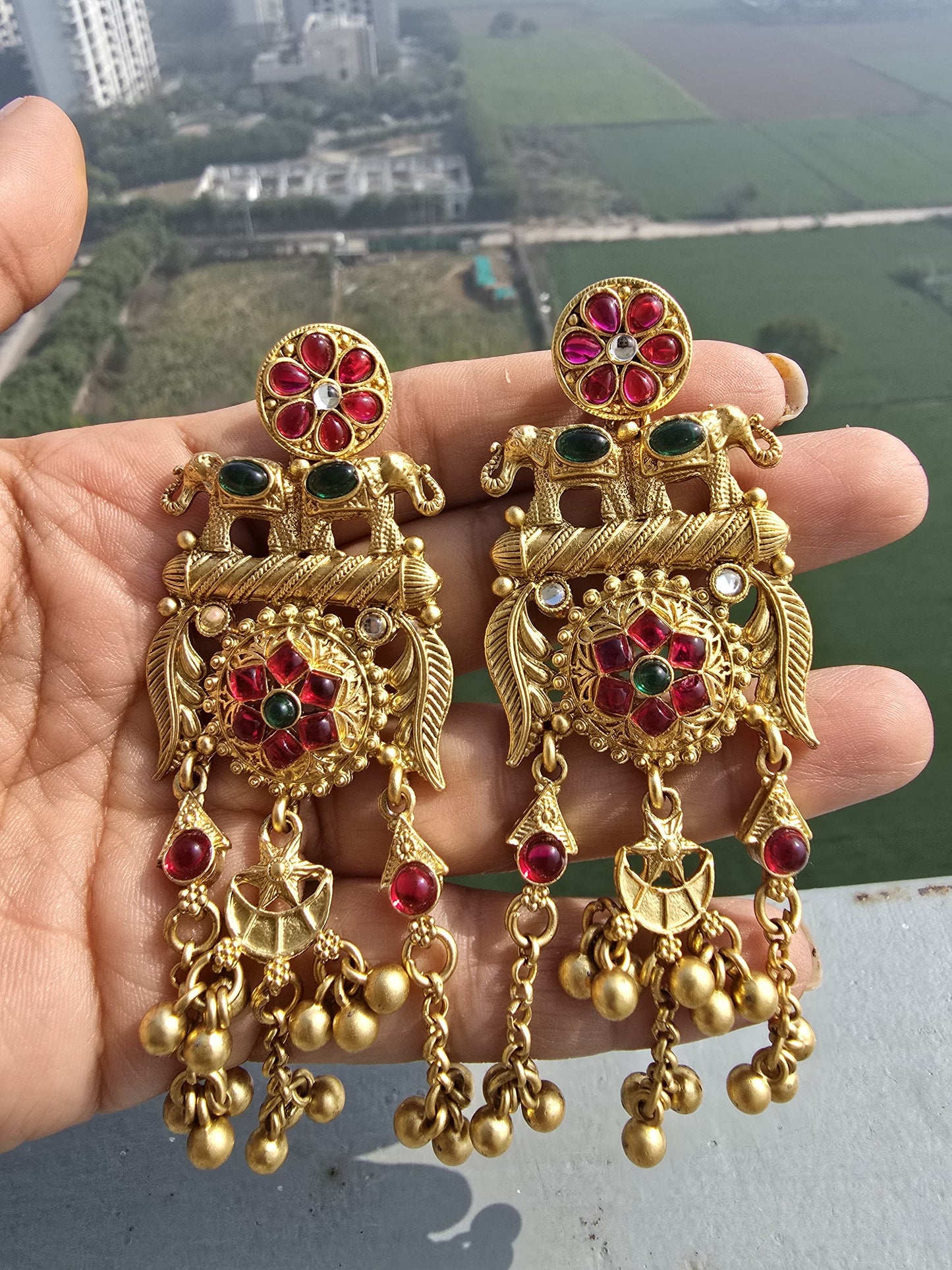 Kundan Chandbali Earrings | Matte Gold Elephant Temple Jewelry