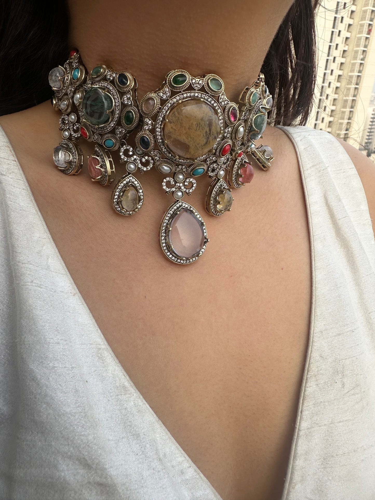Victorian Polki Inspired Necklace with Oversized Drop Earrings - Festive Mughal Statement Jewelry