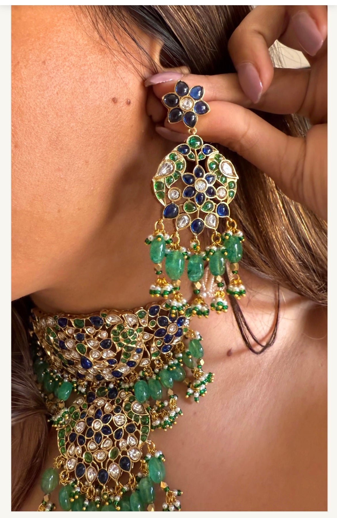 Viral Sabyasachi inspired Sapphire and Emerald polki choker Necklace set