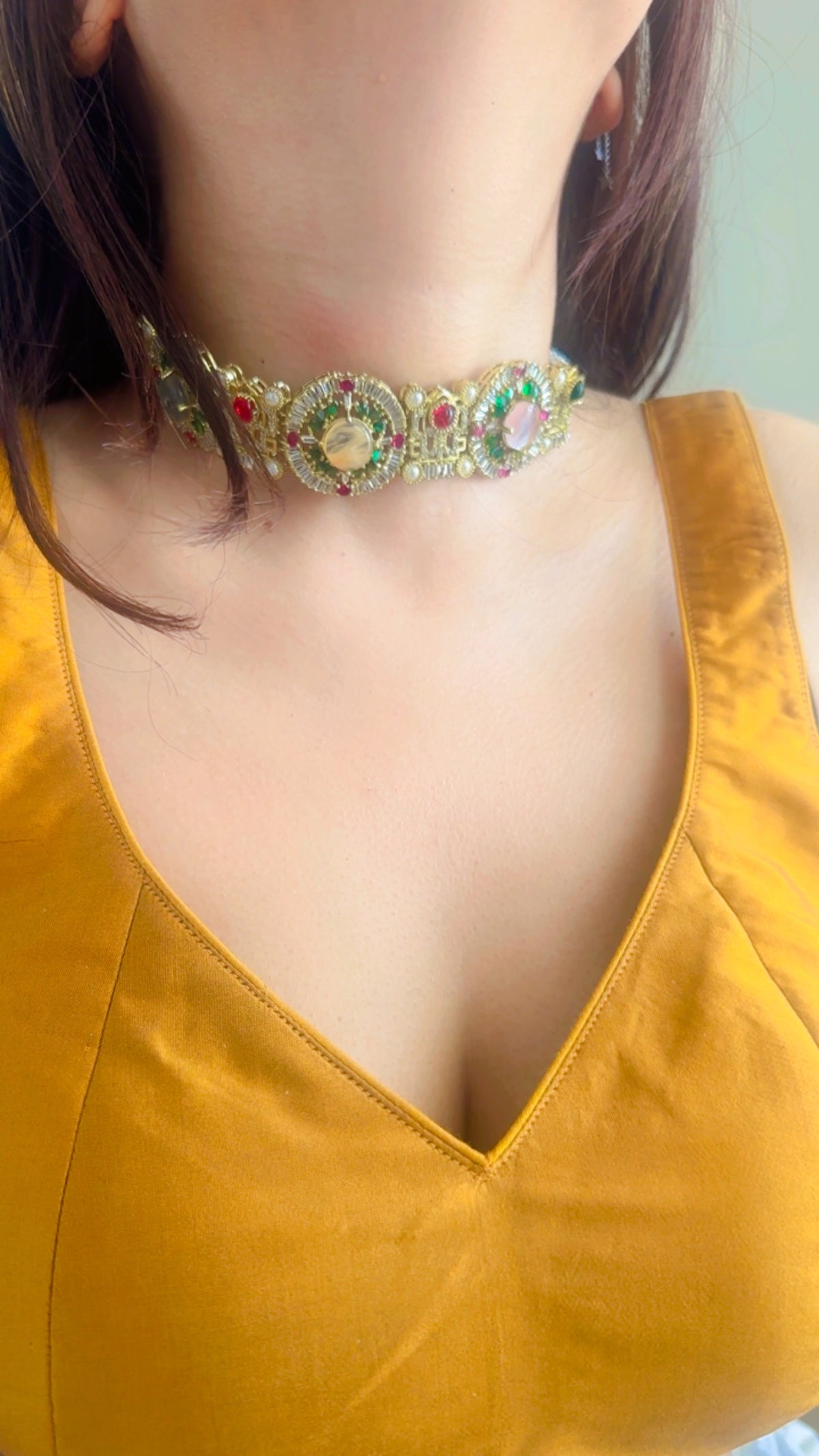 Sabyasachi Kundan Choker Necklace Set | Emerald Ruby Pastel Stones, Antique Gold Finish