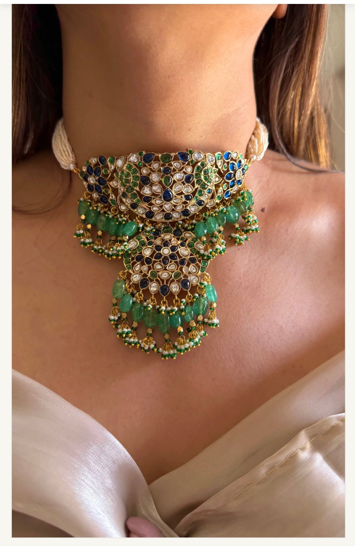 Viral Sabyasachi inspired Sapphire and Emerald polki choker Necklace set