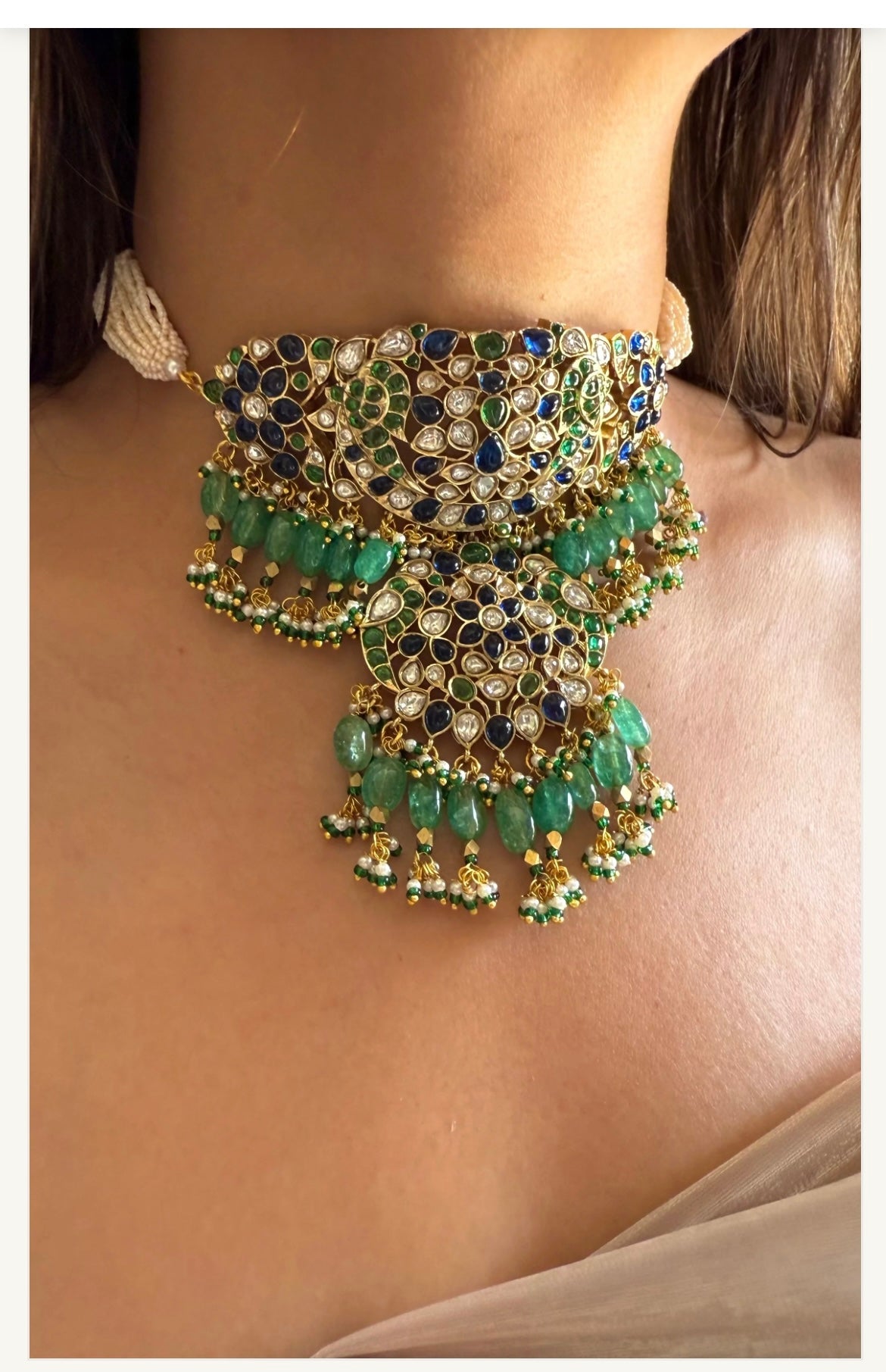 Viral Sabyasachi inspired Sapphire and Emerald polki choker Necklace set