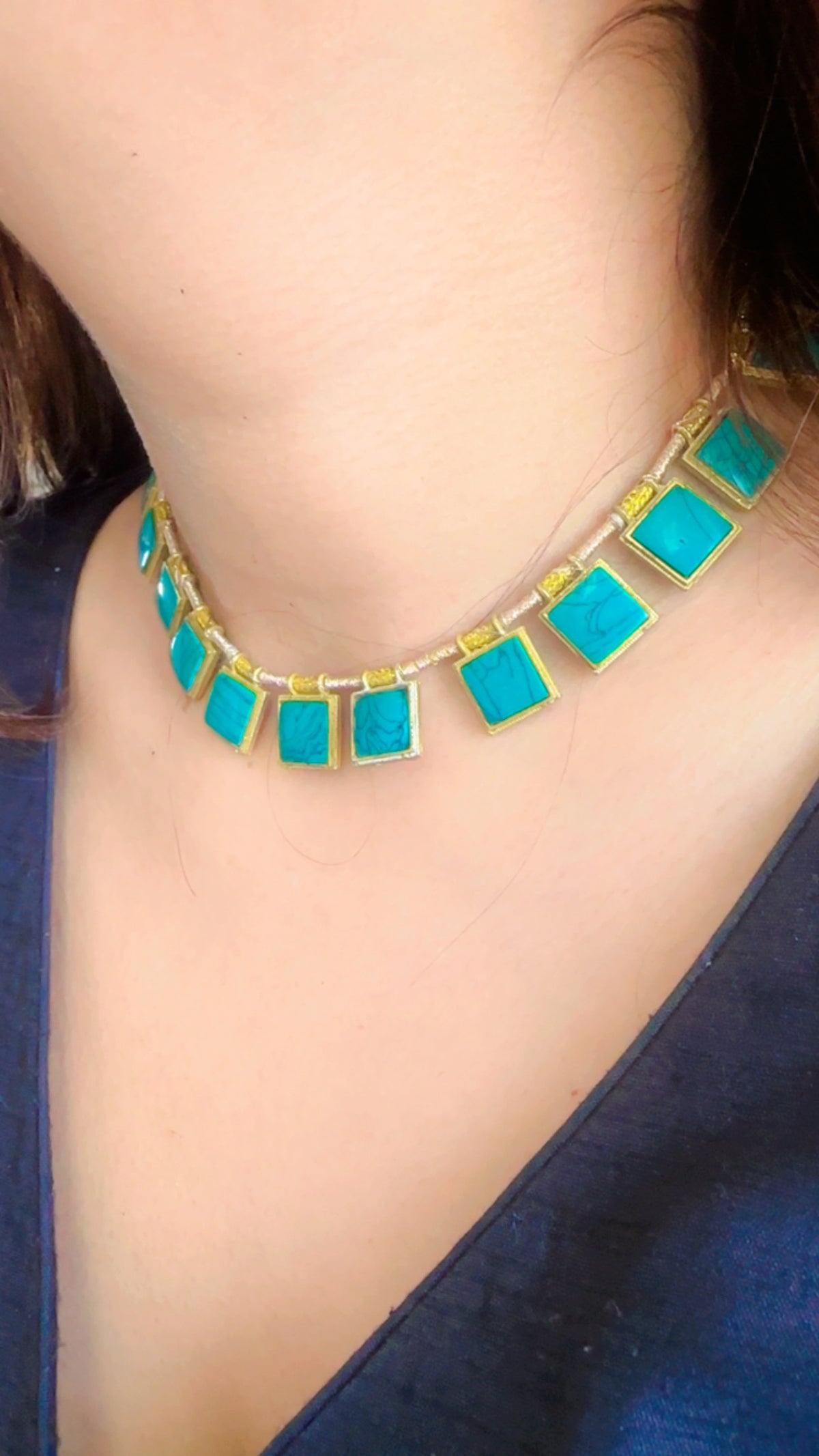 Raw Turquoise Square Tile Choker Set with Matching Square Studs | Sabyasachi Inspired Geometric Indian Minimalist Necklace