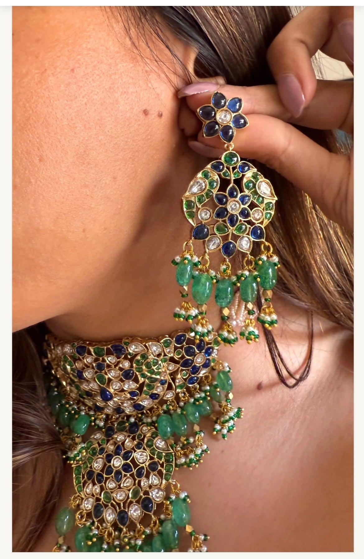 Viral Sabyasachi inspired Sapphire and Emerald polki choker Necklace set
