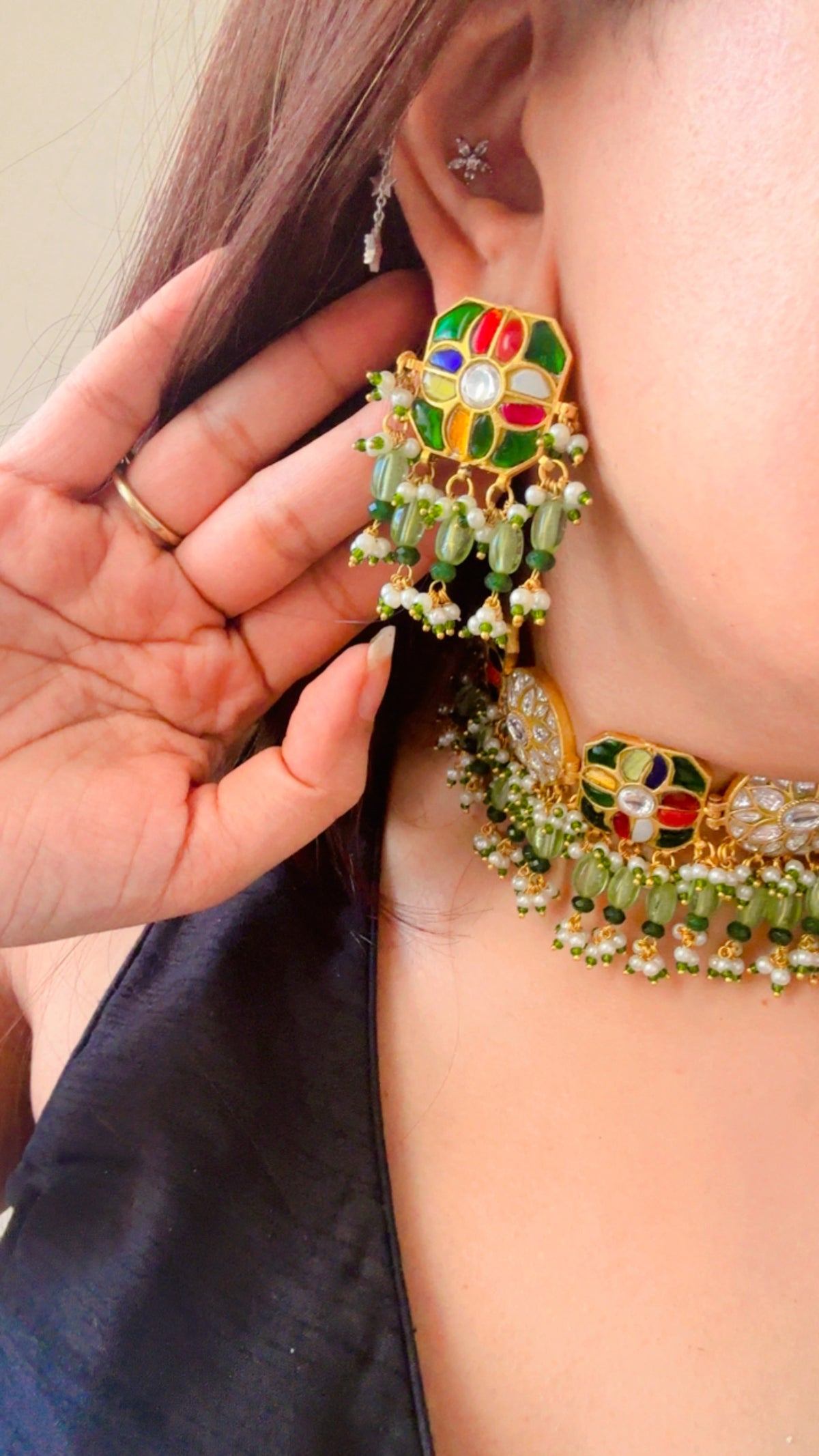 Medallion Green Pearl Drop | Traditional Pachi Kundan Choker Set with Pearl Strand & Hanging Beads | Meenakari Indian Bridal Jewelry | Pearl Cord Choker Earrings Set (Copy)