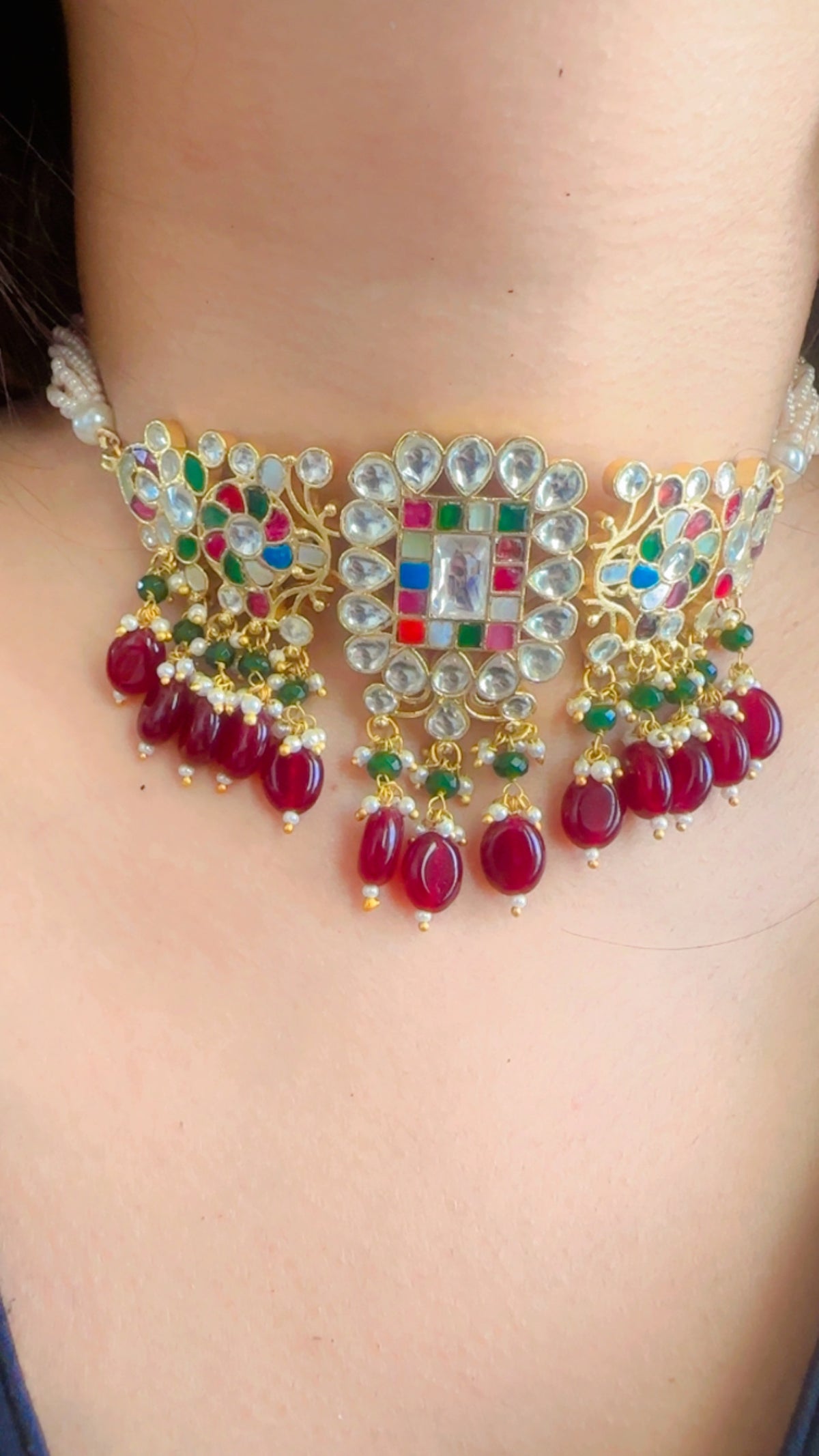 Square Meenakari Red Drop | Traditional Pachi Kundan Choker Set with Pearl Strand & Hanging Beads | Meenakari Indian Bridal Jewelry | Pearl Cord Choker Earrings Set