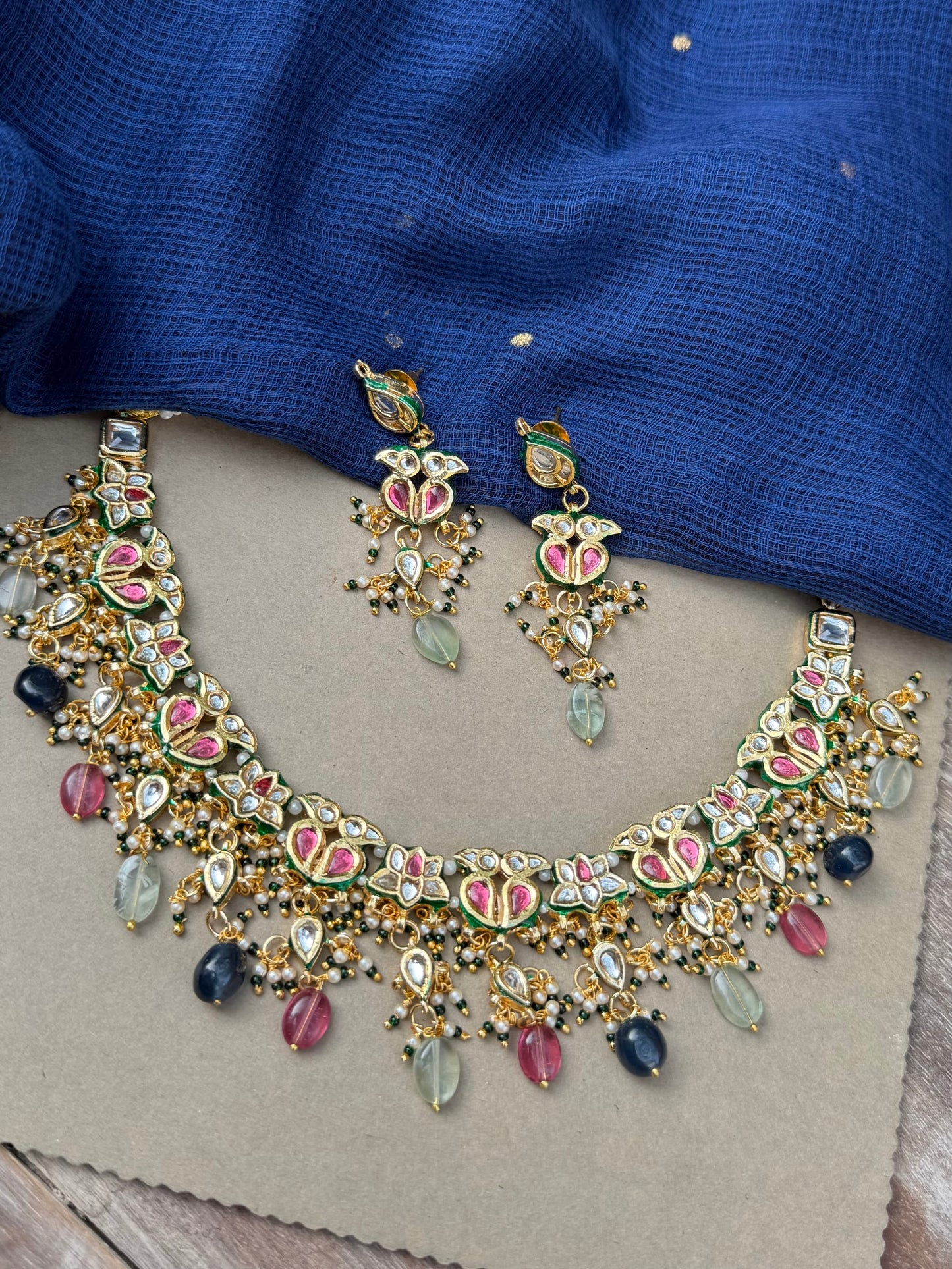 Gold-Plated Kundan Floral Necklace Set with Multicolor Gemstone Drops