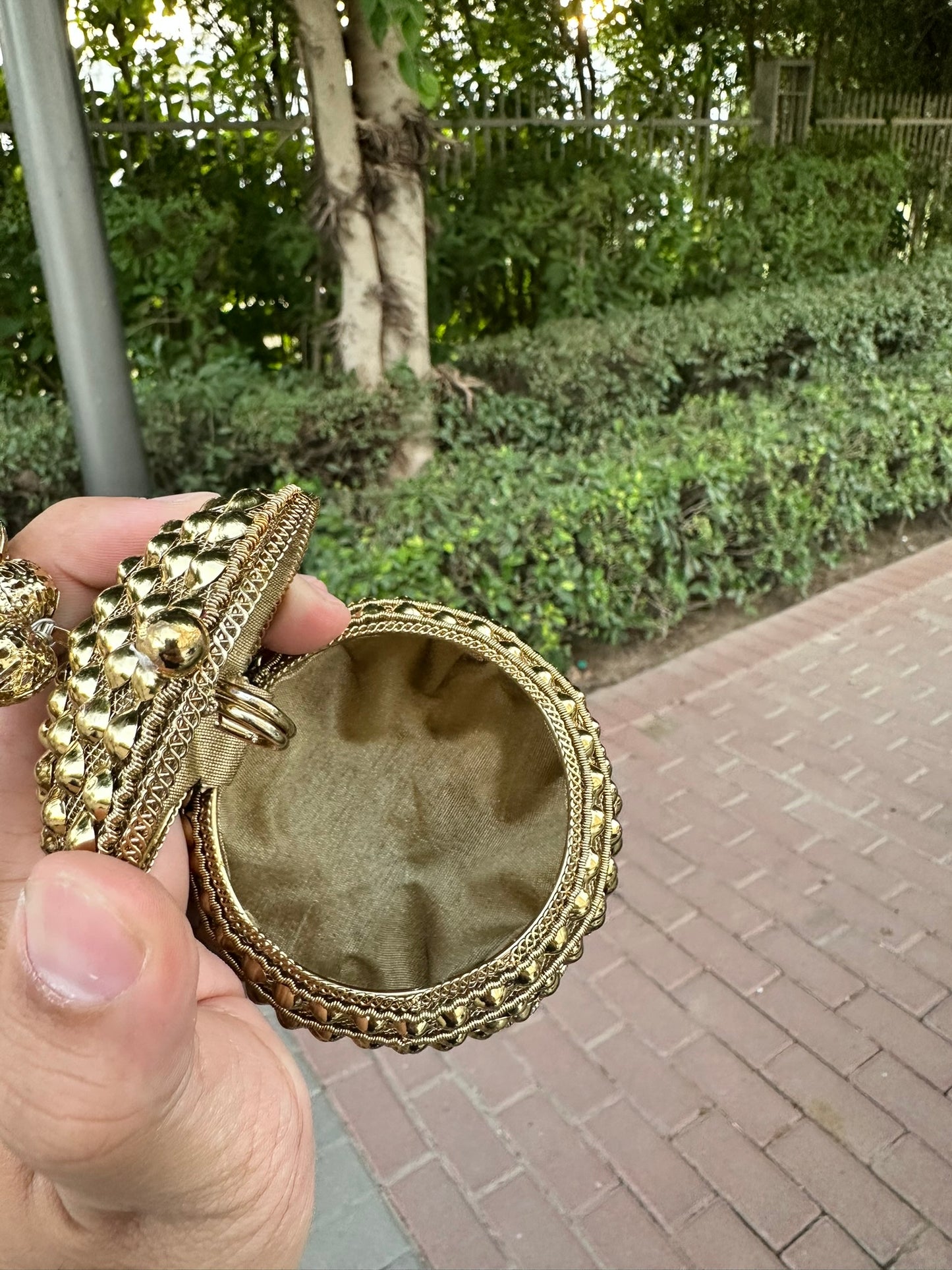 Majestic Gold Sphere Filigree Bridal Clutch with Beaded Tassel & Bead Handle