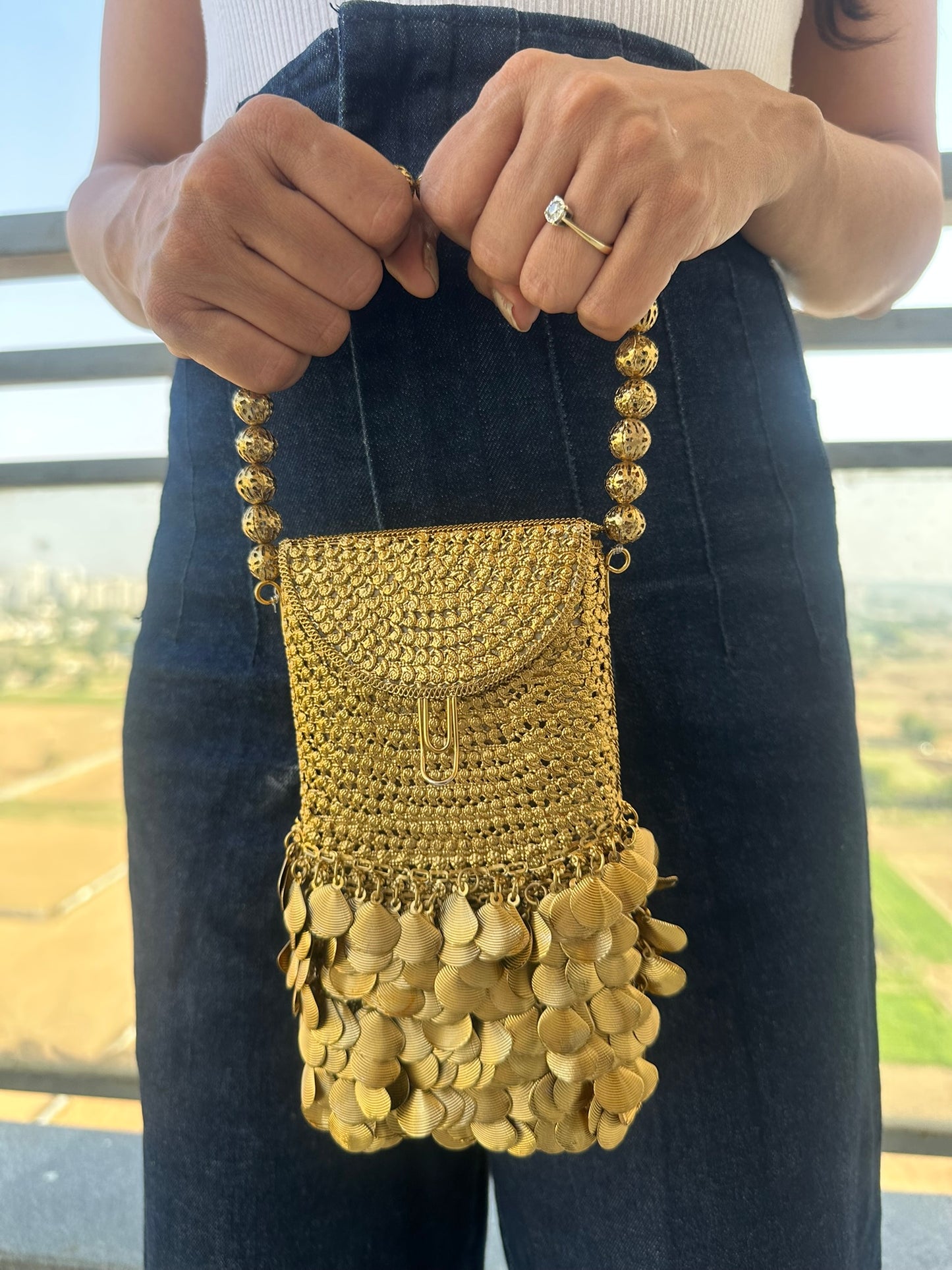 Metallic Gold Crochet Phone Bag – Scaled Sequins, Crossbody Sling Purse