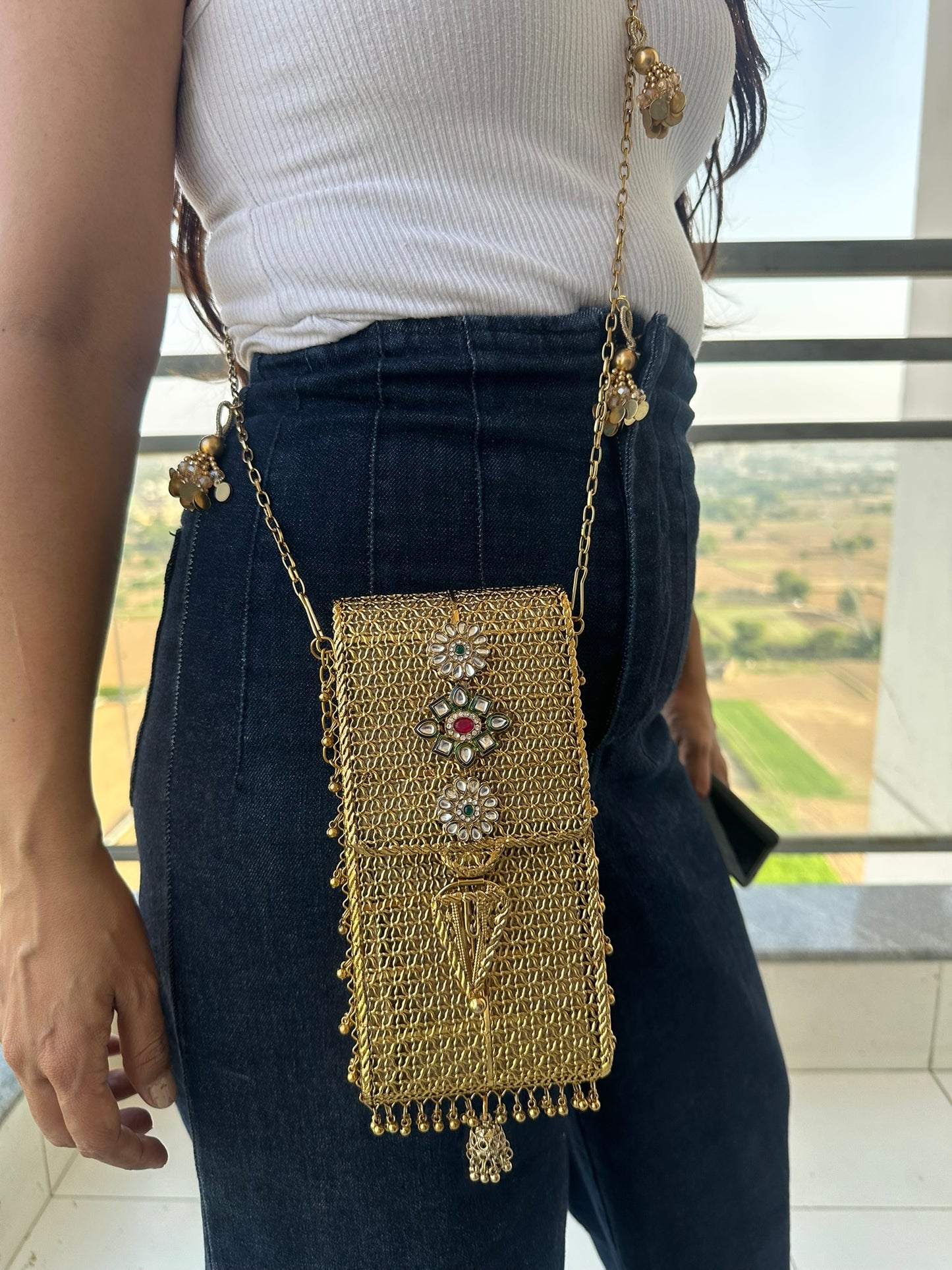Mira Heritage Phone Sling – Hand-Woven Metallic Crossbody with Kundan Motifs, Jhumka Drops