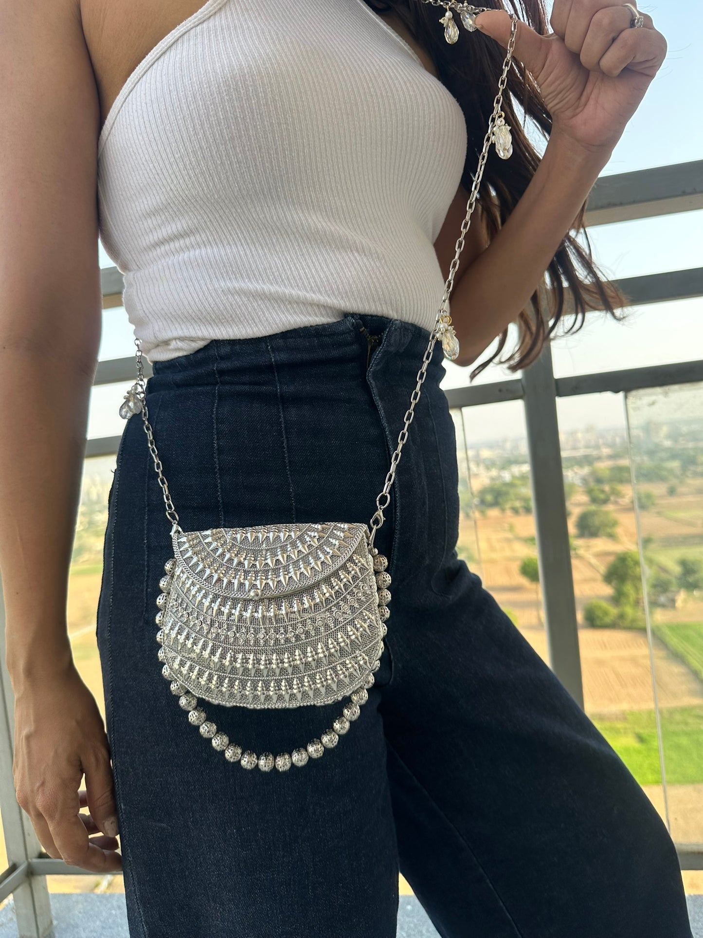 The Luna Metallic Mesh Clutch – Artisanal Hand-Woven Evening Bag with Beaded Handle | Two Luxury Tones: Champagne Gold & Burnished Silver