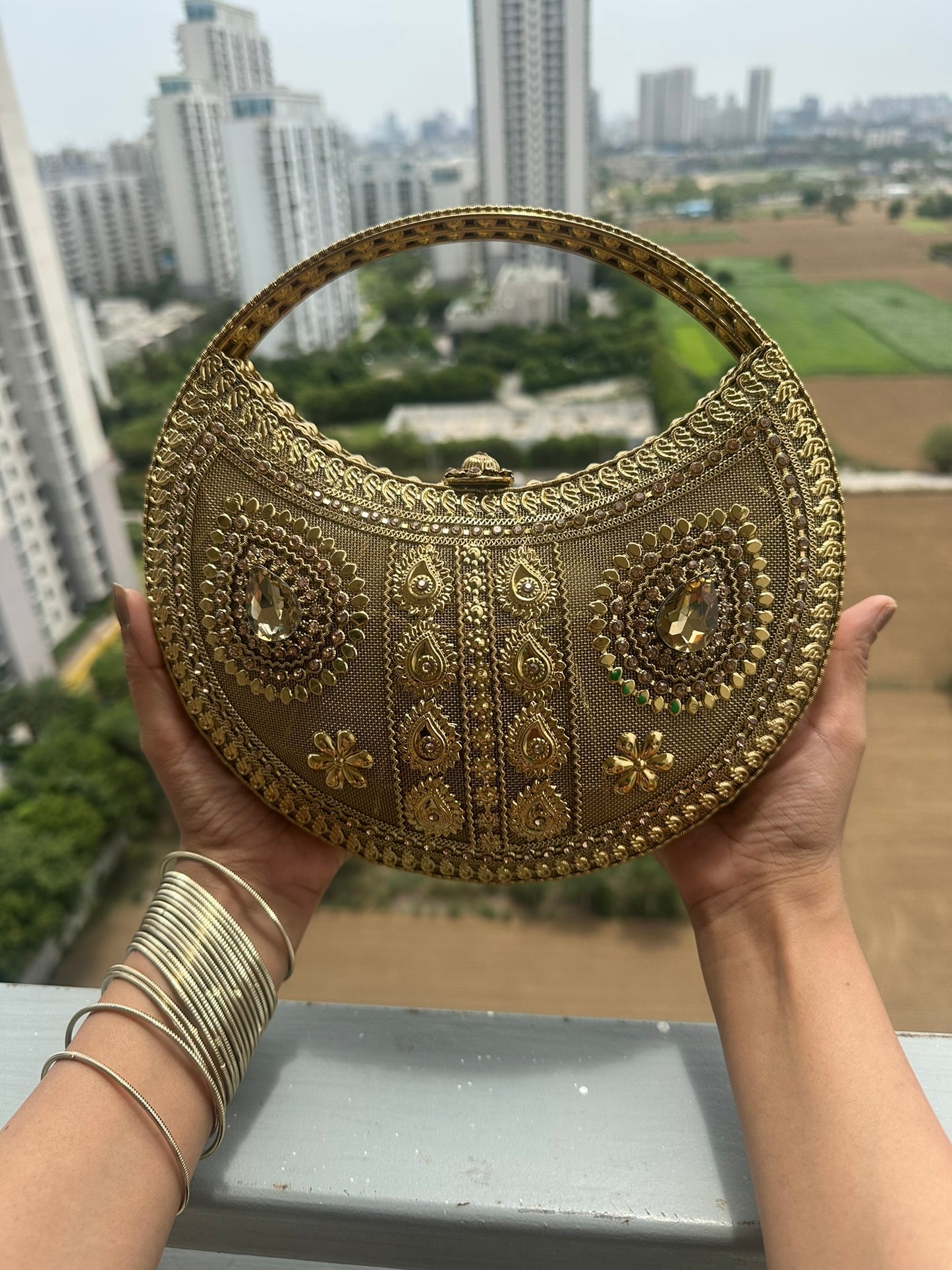 Luxury Handcrafted Gold Crescent Clutch with Intricate Zardozi Embroidery