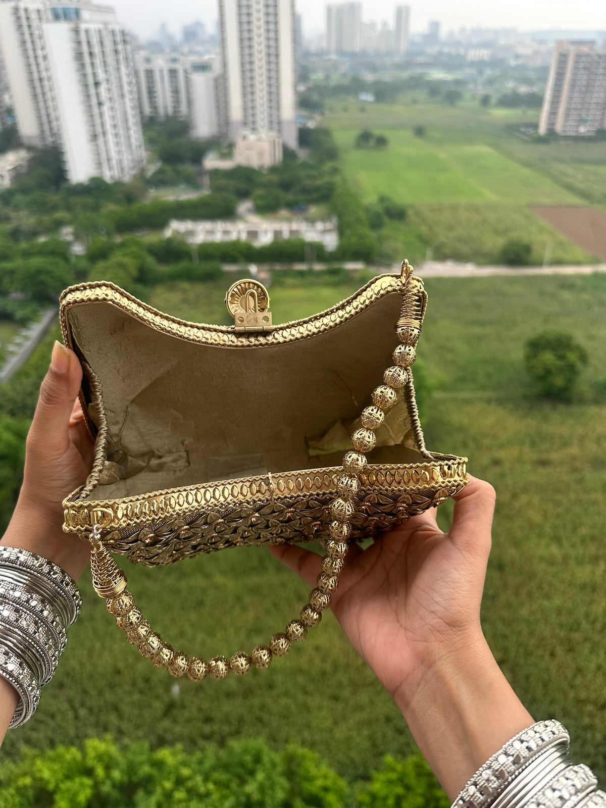 Gold Floral Embellished Evening Bag | Curved Hobo Clutch with Beaded Handle | Vintage Style Metal Mesh Purse for Wedding Guest, Party, Bride