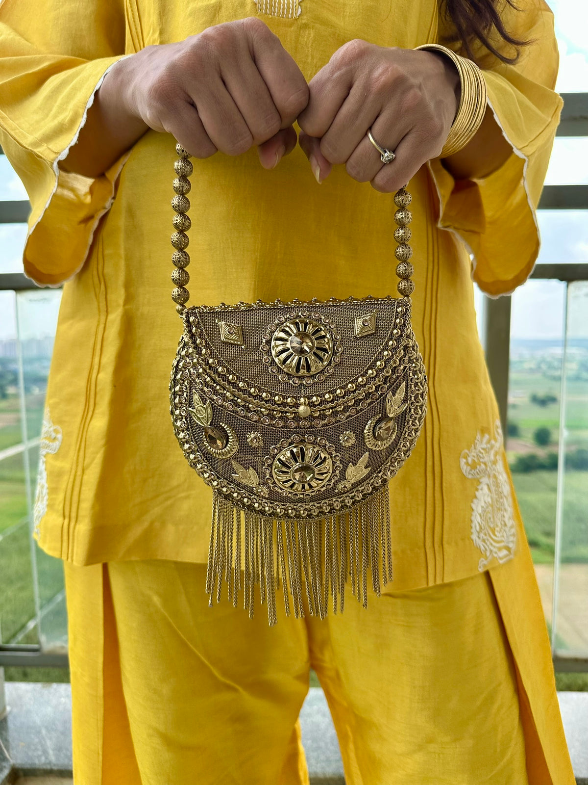 The SITARA Clutch - Antique Gold Round Saddle Clutch Bag with Fringe | Embellished Crescent Handbag with Beaded Strap | Bridal Evening Purse