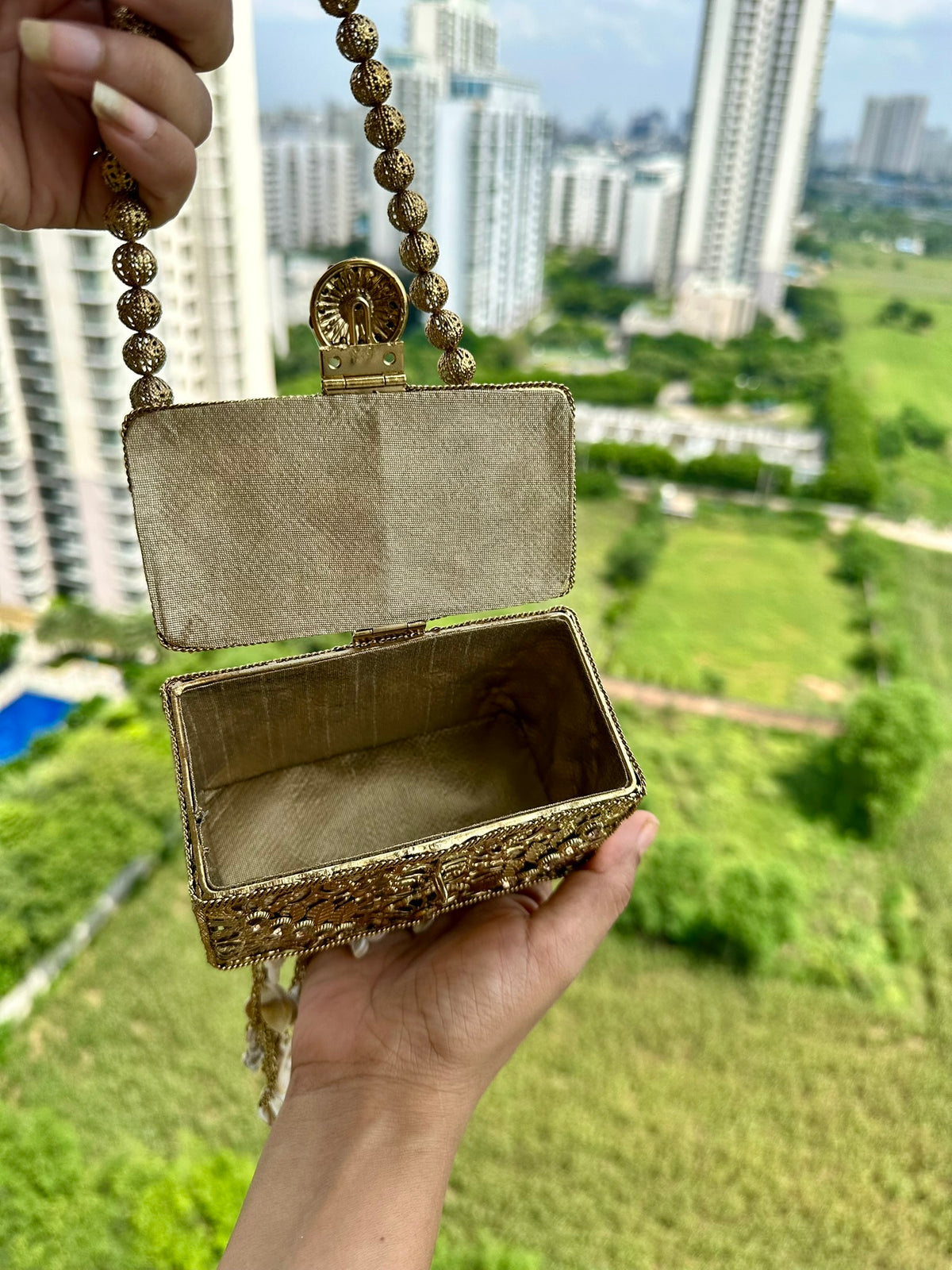 The SAMUDRA Box Clutch - Gold Filigree Metal Box Purse with Seashell Tassels & Beaded Strap | Boho Beach Wedding Evening Clutch