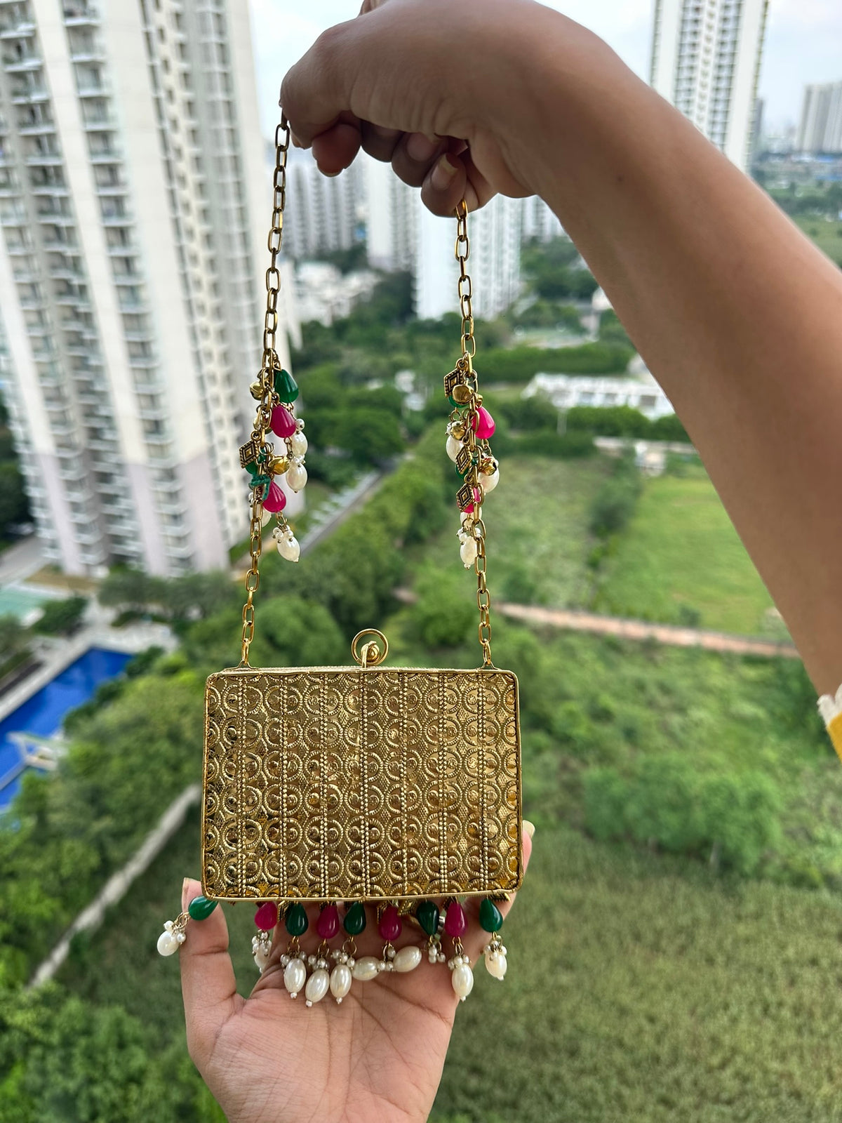 The GAJA Mirror Box Clutch - Indian Royal Elephant Mosaic Clutch Bag with Pearl Tassels | Meenakari Metal Purse for Wedding & Festive Wear