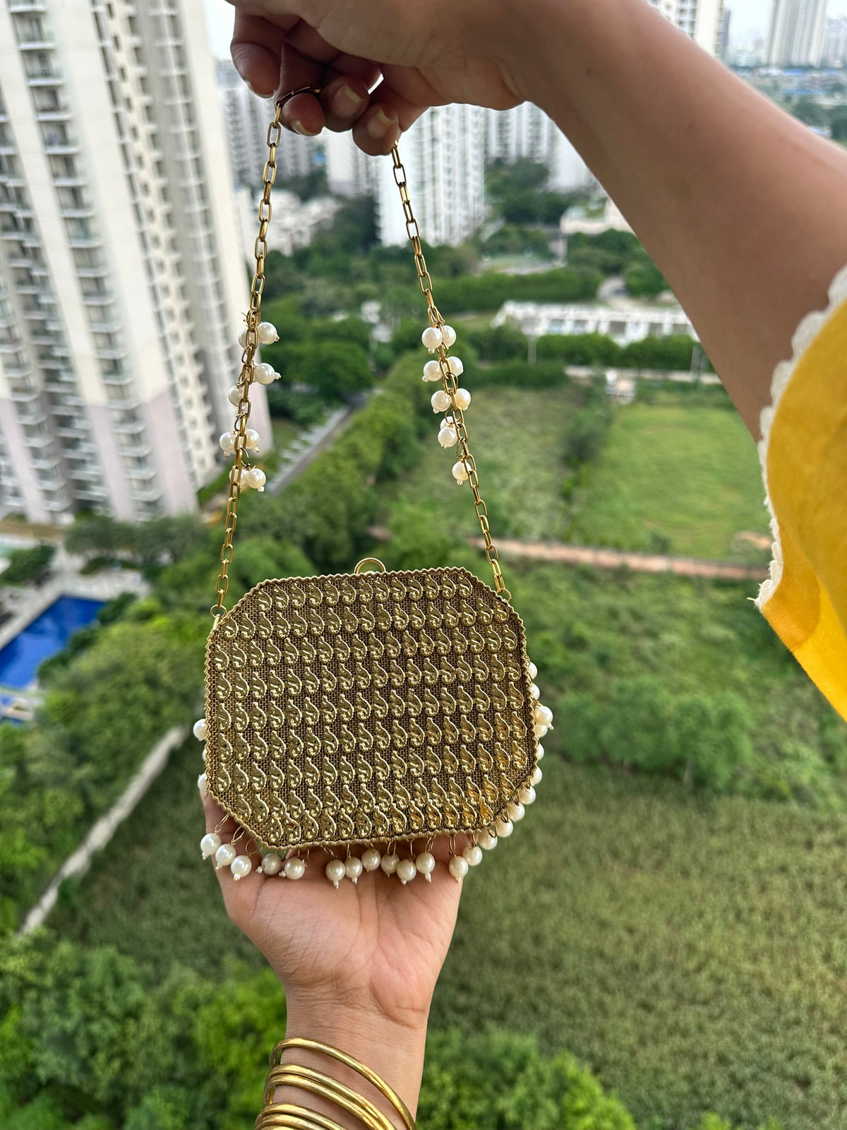 The MUKTA Clutch - Gold Octagon Crystal & Shell Box Bag with Pearl Trim | Pearl Chain Strap Evening Minaudière | Boho Bridal Purse