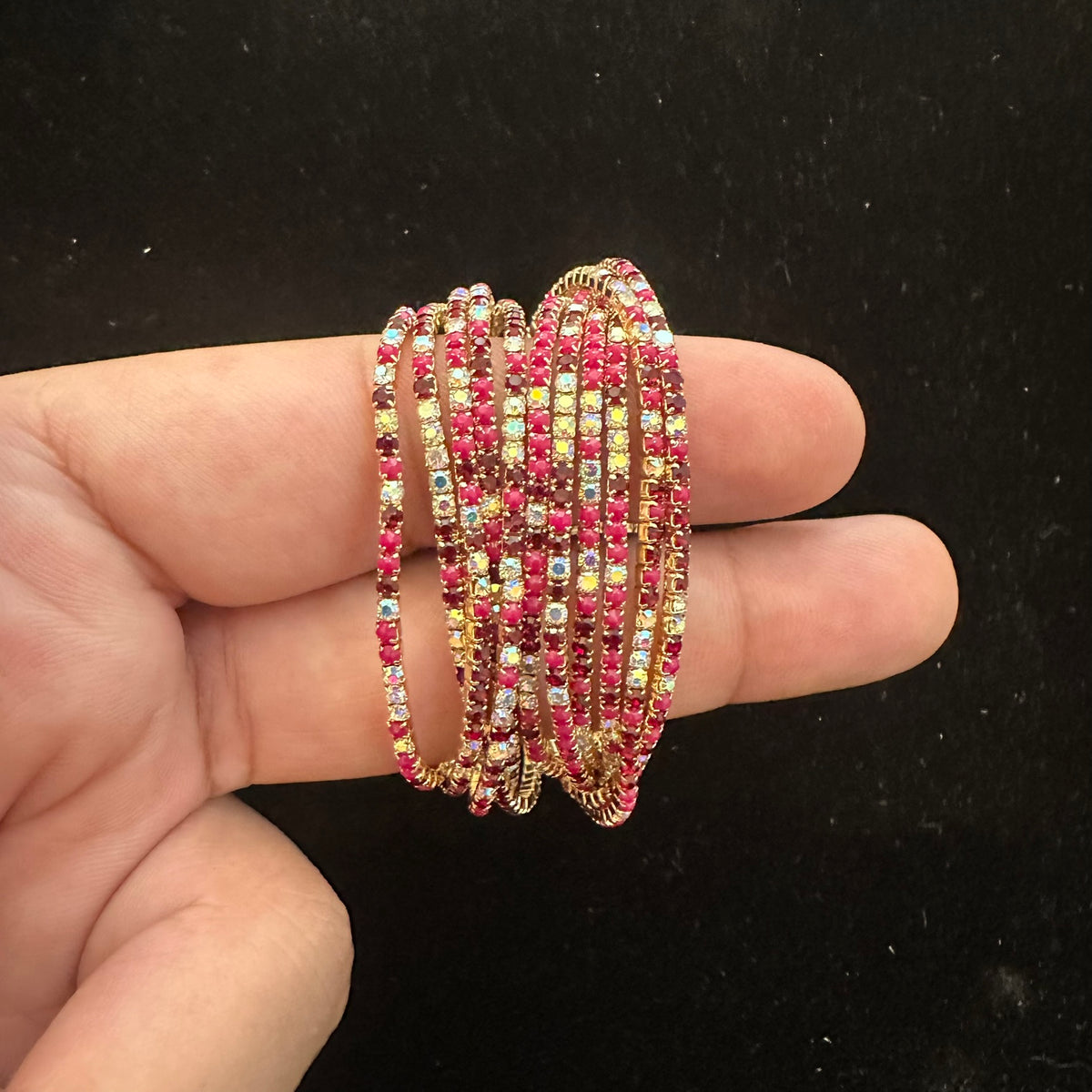 12-Piece Stretch Tennis Bracelet Set, Iridescent CZ Rhinestones, Stackable Gold/Silver Tone Bangles