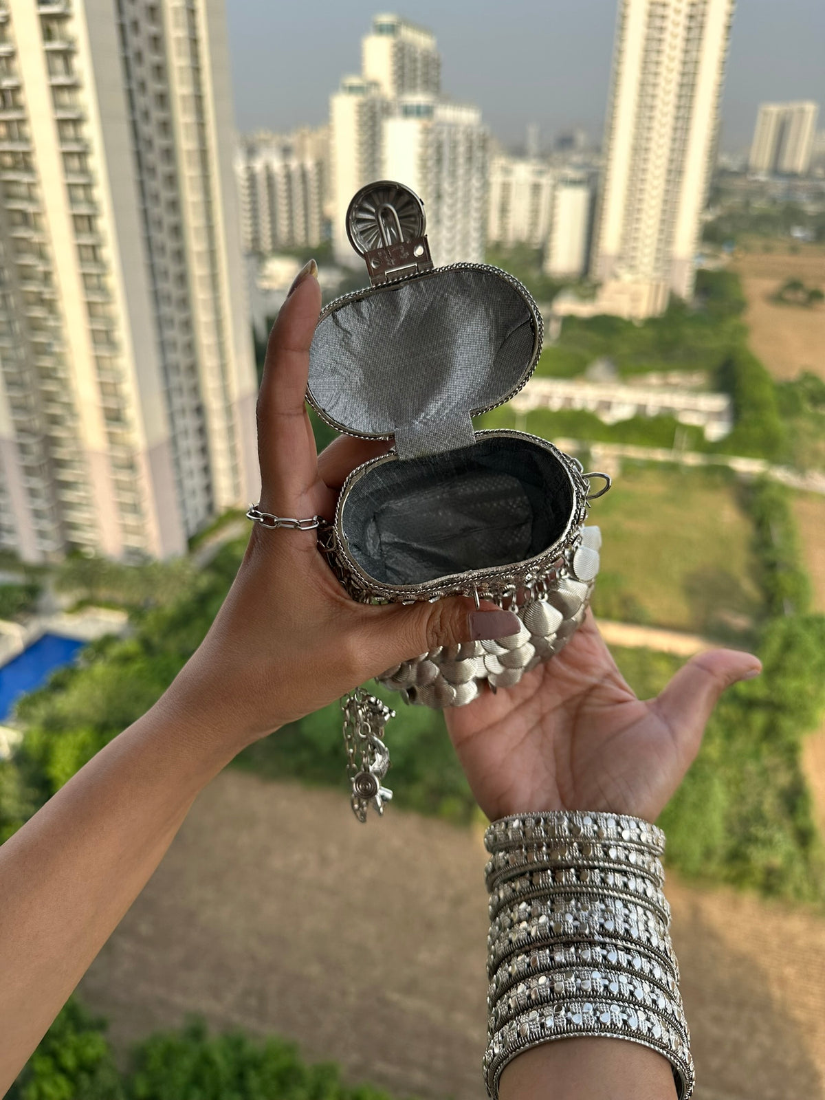 The ANARKALI Vintage Tribal Coin Potli | Handcrafted Antique Metal Potli Bag Ethnic Coin Fringe Crossbody Wedding Accessory