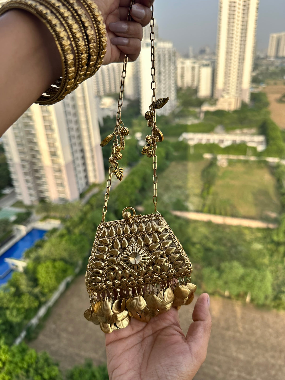 The NURAT Vintage Metallic Trapezoid Coin Bag | Handcrafted Metallic Trapezoid Frame Bag Ethnic Coin Fringe Crossbody Festive Accessory