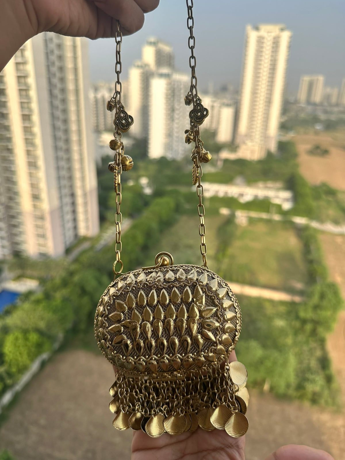 The SAHIBA Vintage Oval Metal Coin Purse | Handcrafted Oval Metal Minaudiere Banjara Charm Sling Ghungroo Party Purse