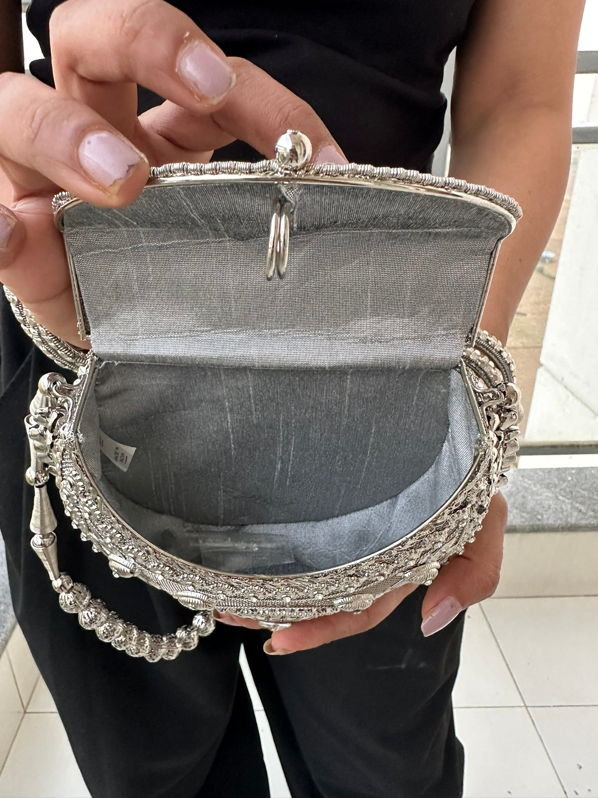 The MEGHNA Handcrafted Ghungroo Metal Mesh Crossbody Bag | Handcrafted Silver Ghungroo Metal Bag Boho Tribal Mesh Evening Crossbody Clutch