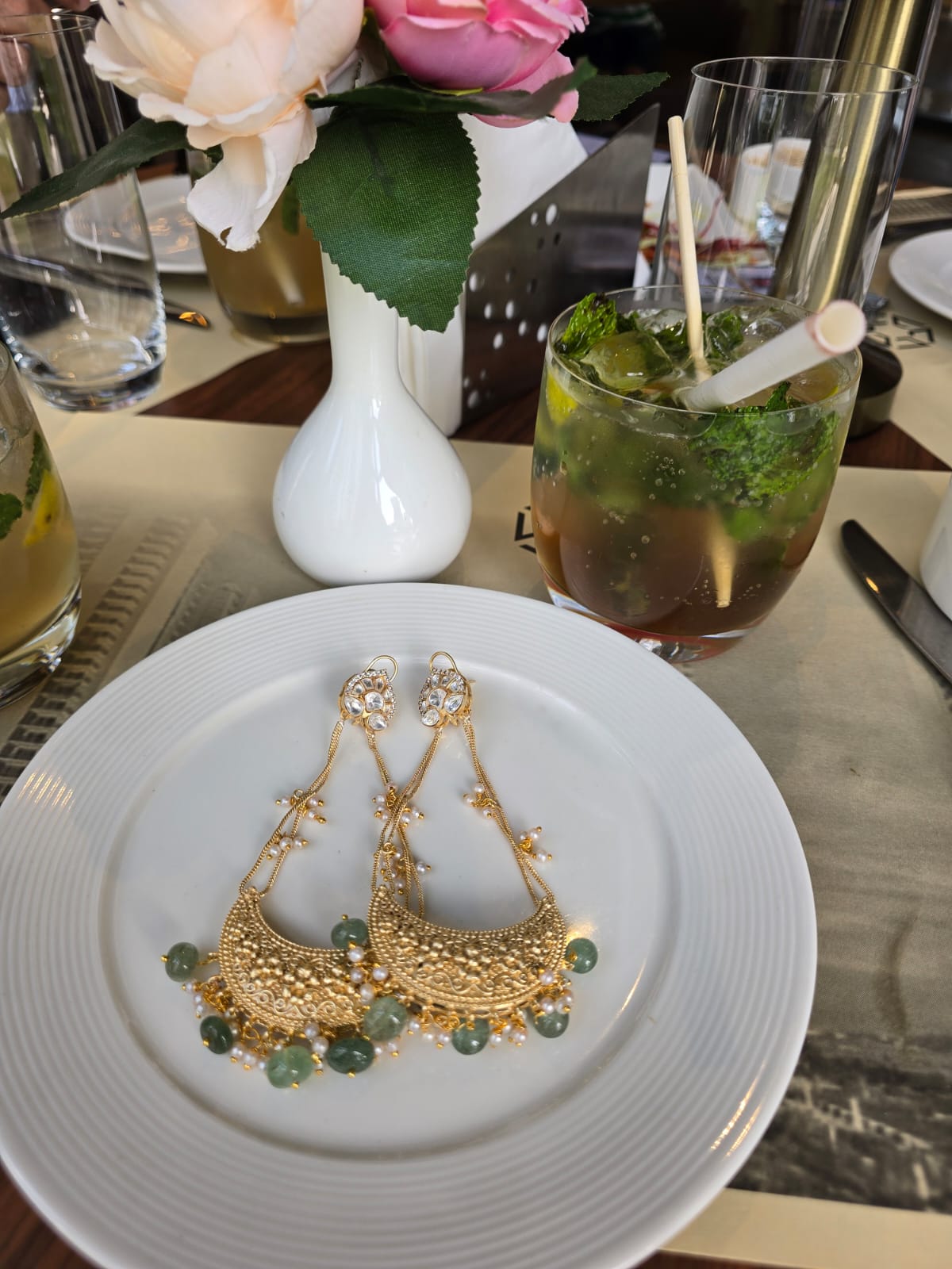 Mint Green Bead Chandelier Earrings with Oversized Crescent & Polki Stud