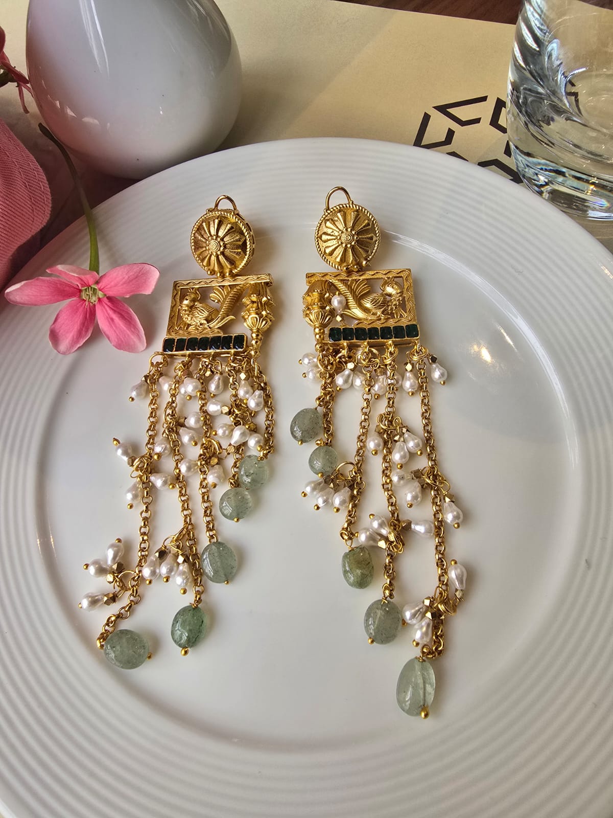 Handcrafted Floral & Peacock Frame Earrings with Long Pearl Tassels