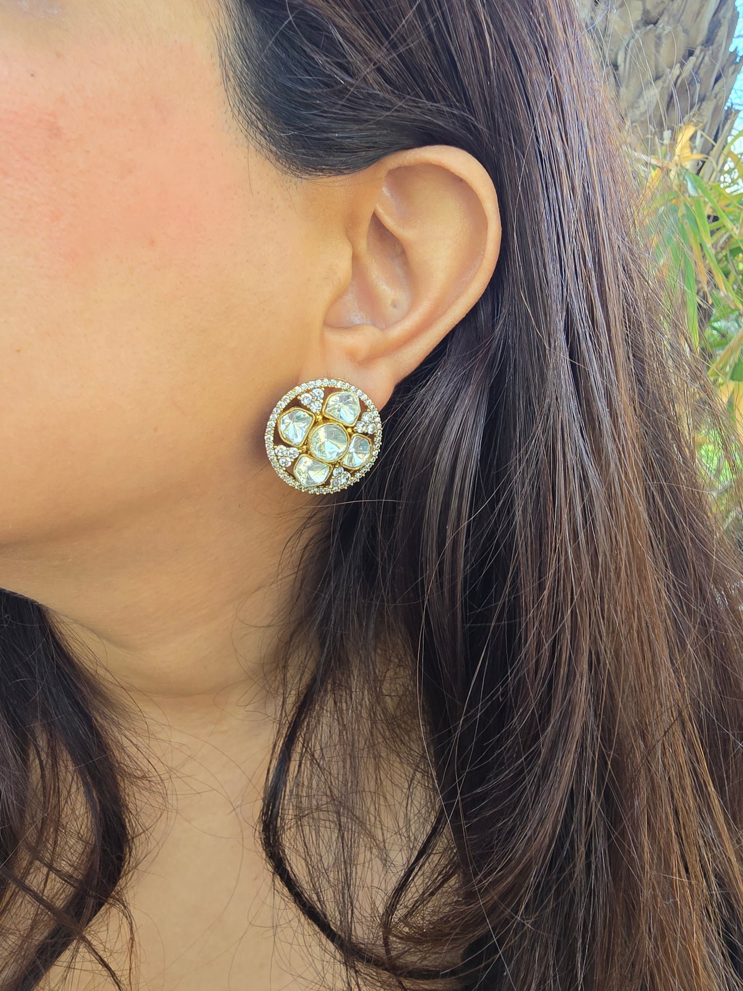 Chandni Round: Classic Polki & Moissanite Halo Statement Studs