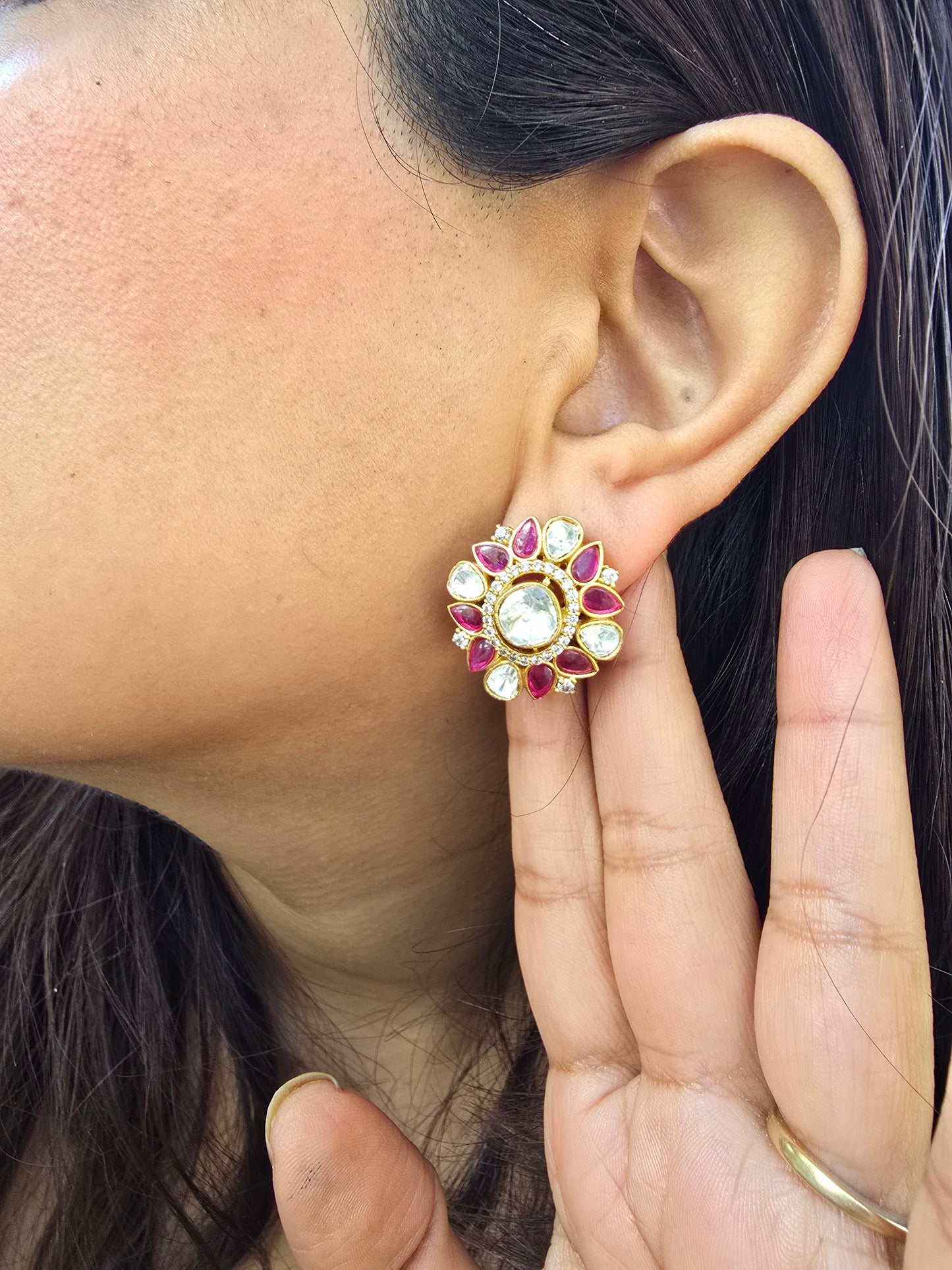 Gulabi Kiran: Ruby-Pink & Kundan Sunburst Floral Studs
