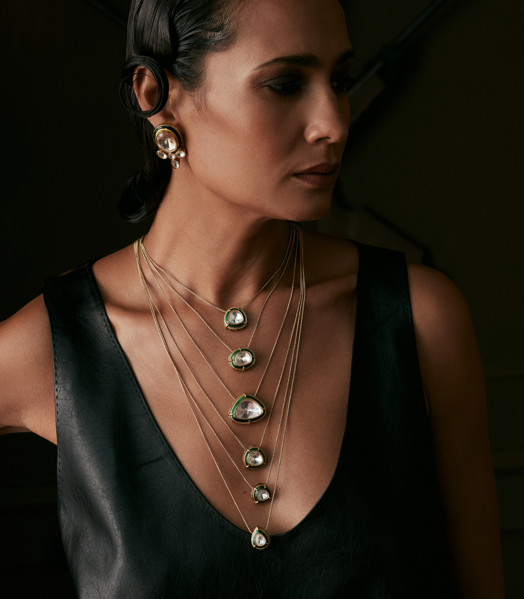 Nooraya Cascade Polki Multilayered Necklace Set (Green)