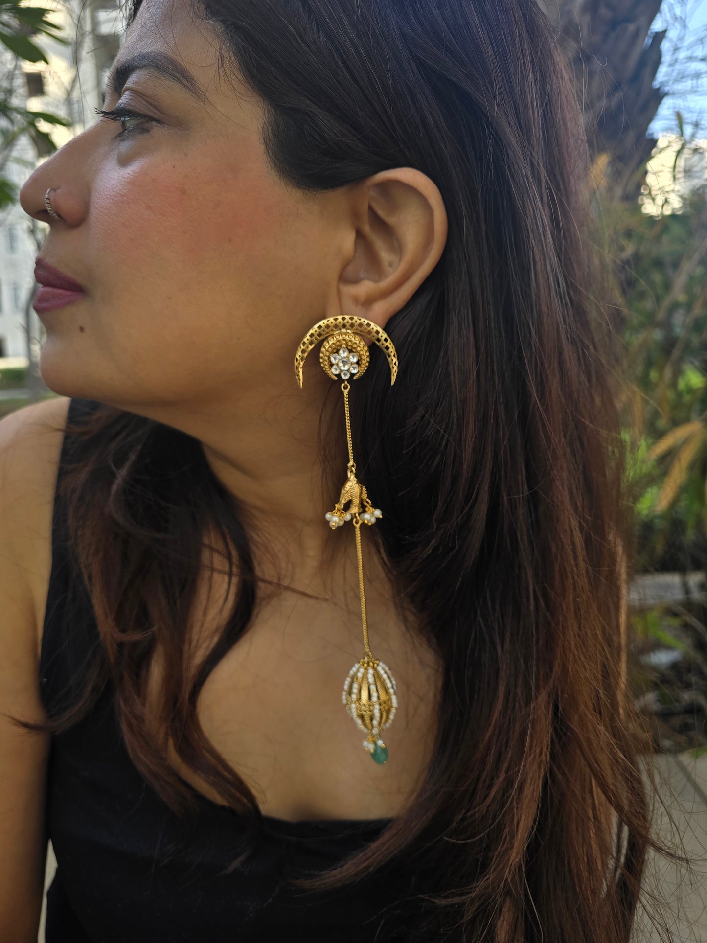 Celestial Moon & Pearl Long Drop Earrings - Extra Long Gold Jhumka Dusters - Crescent Kundan Statement Earrings - Indian Fusion Jewellery