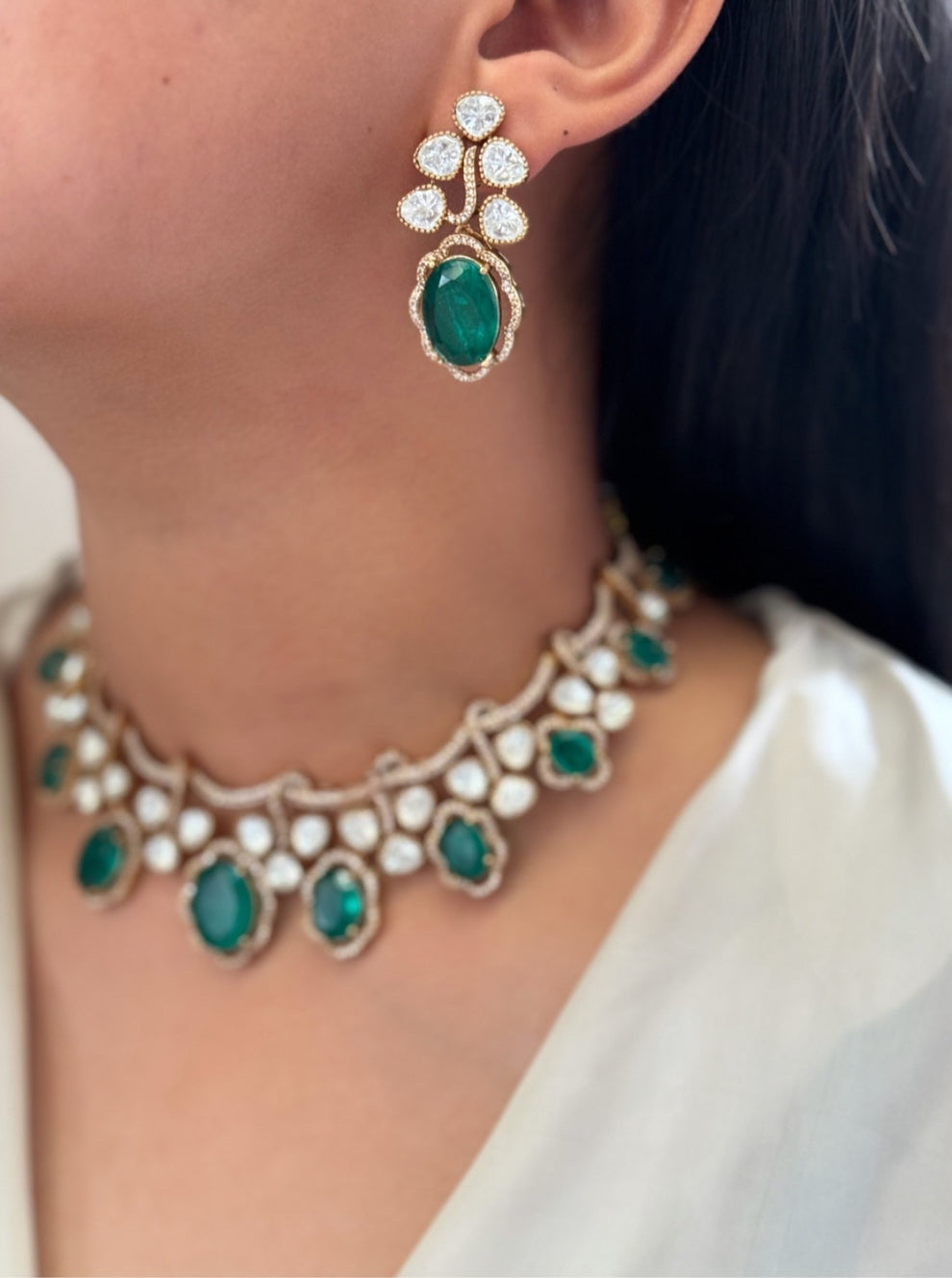Emerald setting green stone Necklace set