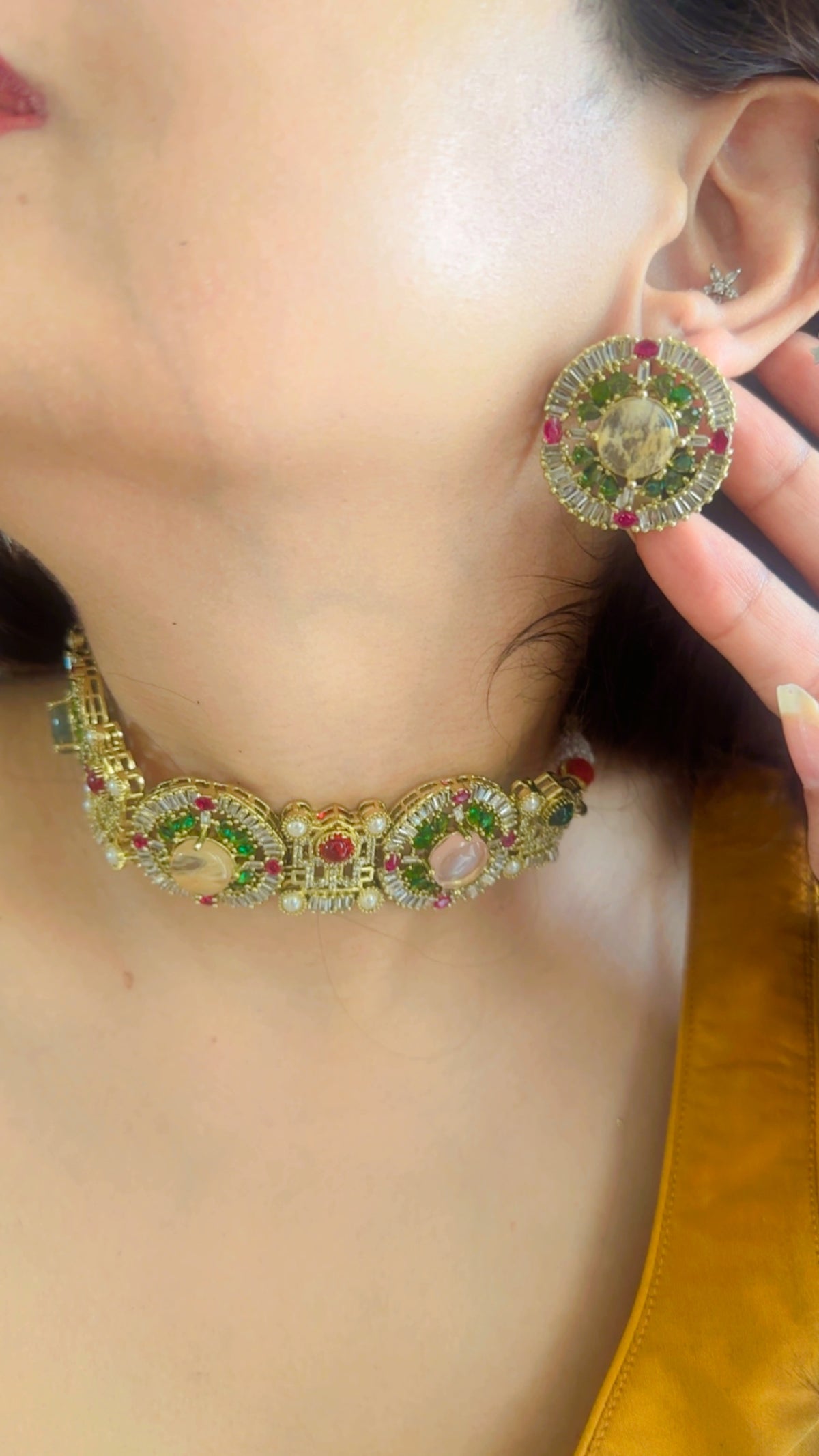 Sabyasachi Kundan Choker Necklace Set | Emerald Ruby Pastel Stones, Antique Gold Finish