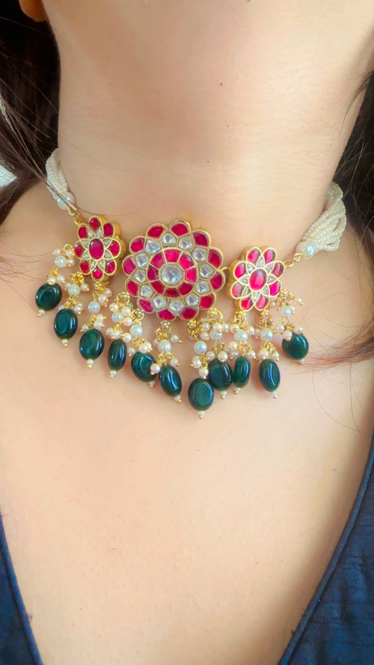 Ruby Floral Emerald Drop | Traditional Pachi Kundan Choker Set with Pearl Strand & Hanging Beads | Meenakari Indian Bridal Jewelry | Pearl Cord Choker Earrings Set (Copy) (Copy)