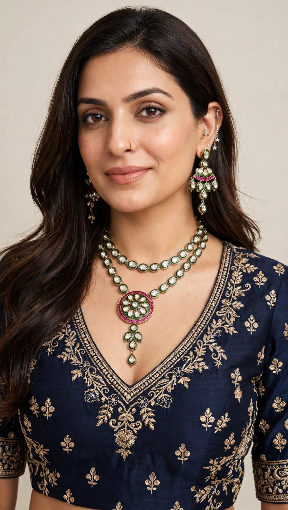 The Chandrika Layered Set – Double Strand Pachi Kundan Necklace with Floral Medallion & Chandelier Earrings