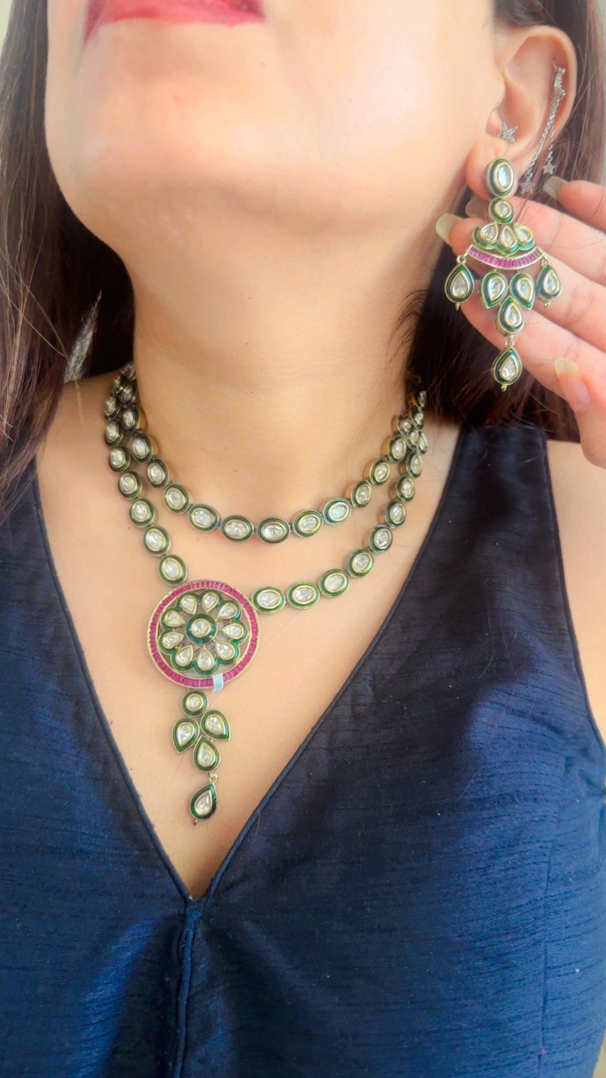 The Chandrika Layered Set – Double Strand Pachi Kundan Necklace with Floral Medallion & Chandelier Earrings
