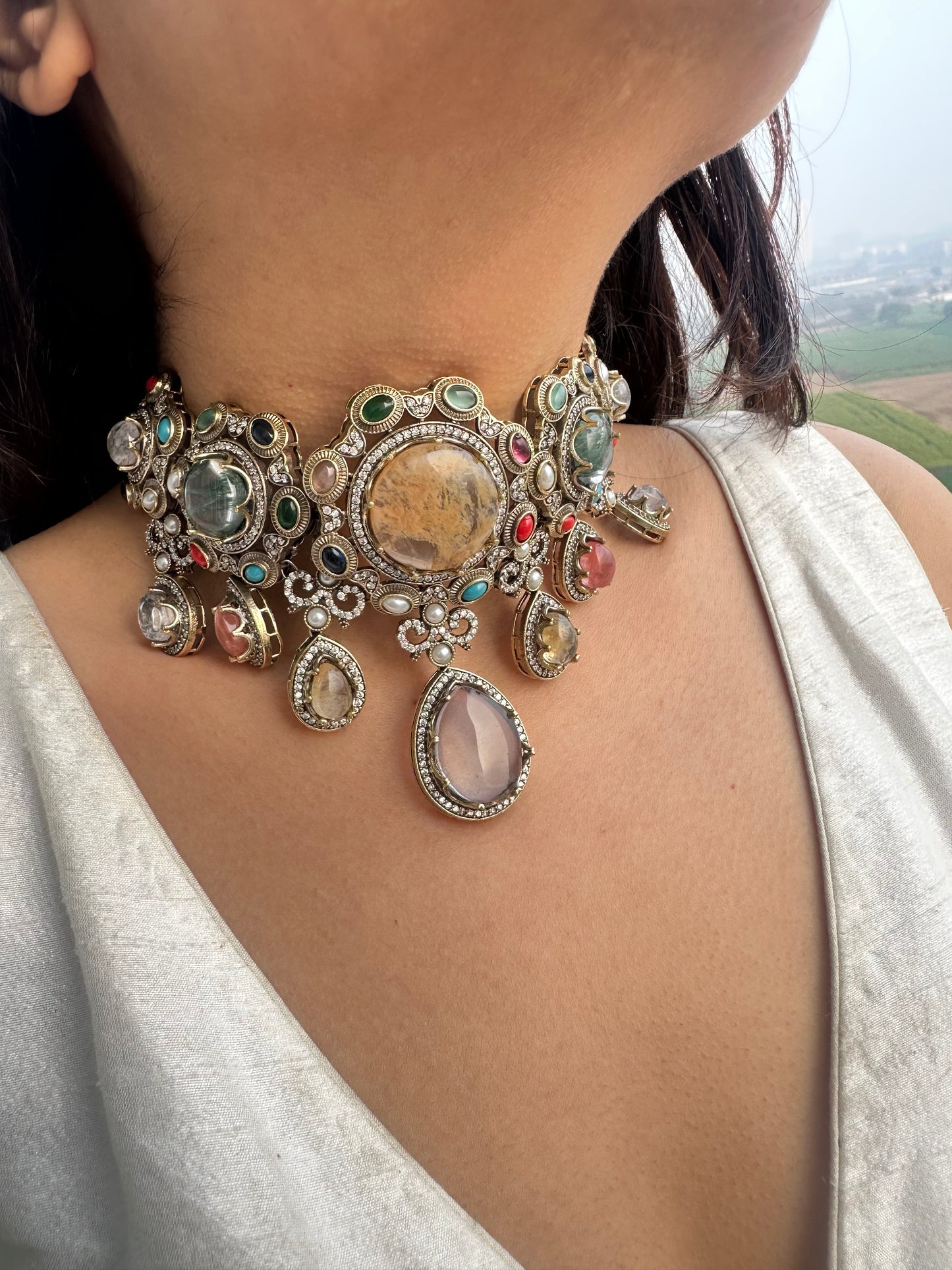 Victorian Polki Inspired Necklace with Oversized Drop Earrings - Festive Mughal Statement Jewelry