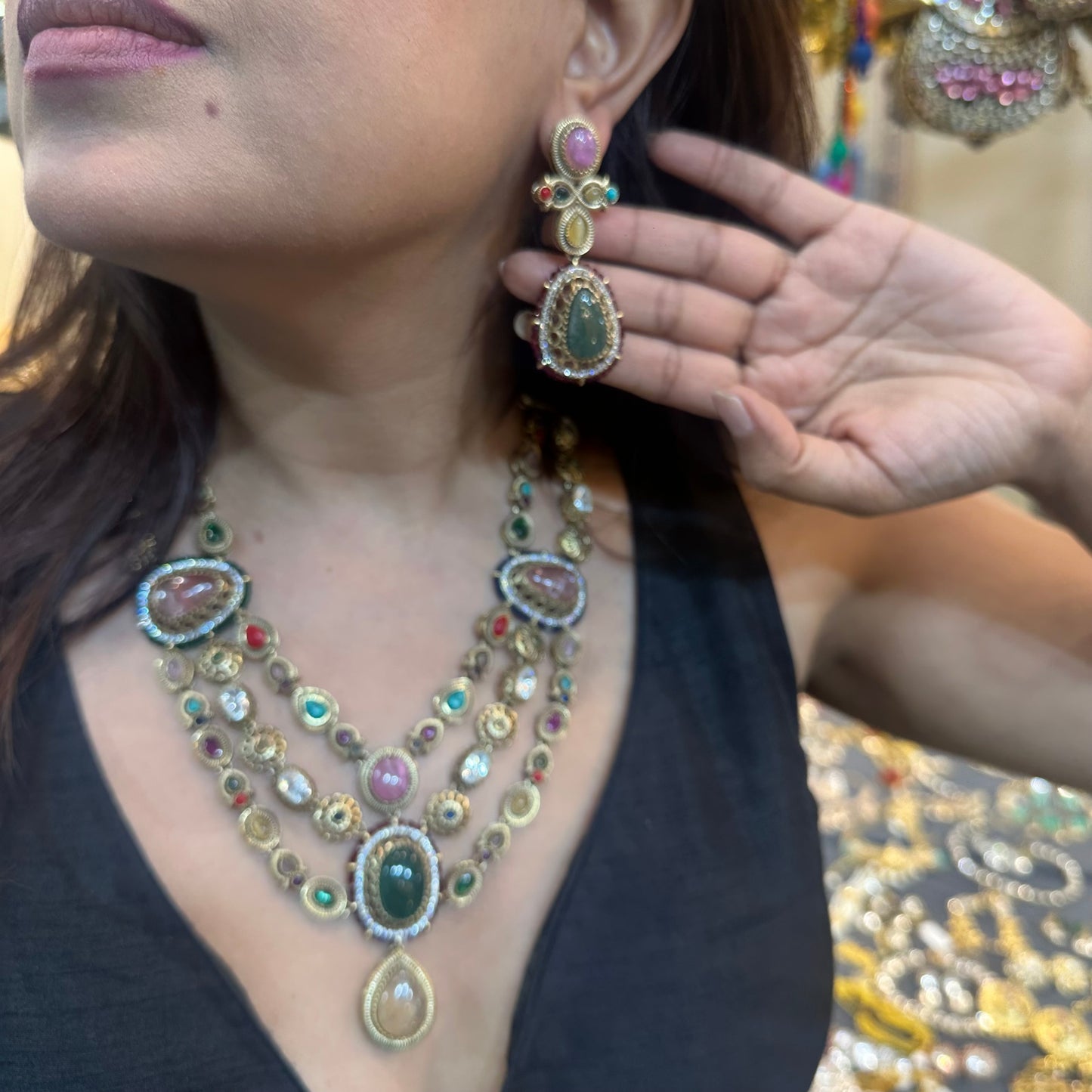 Noor-E-Gul – 3 Layer Heritage Polki Necklace with Multicolour Stones
