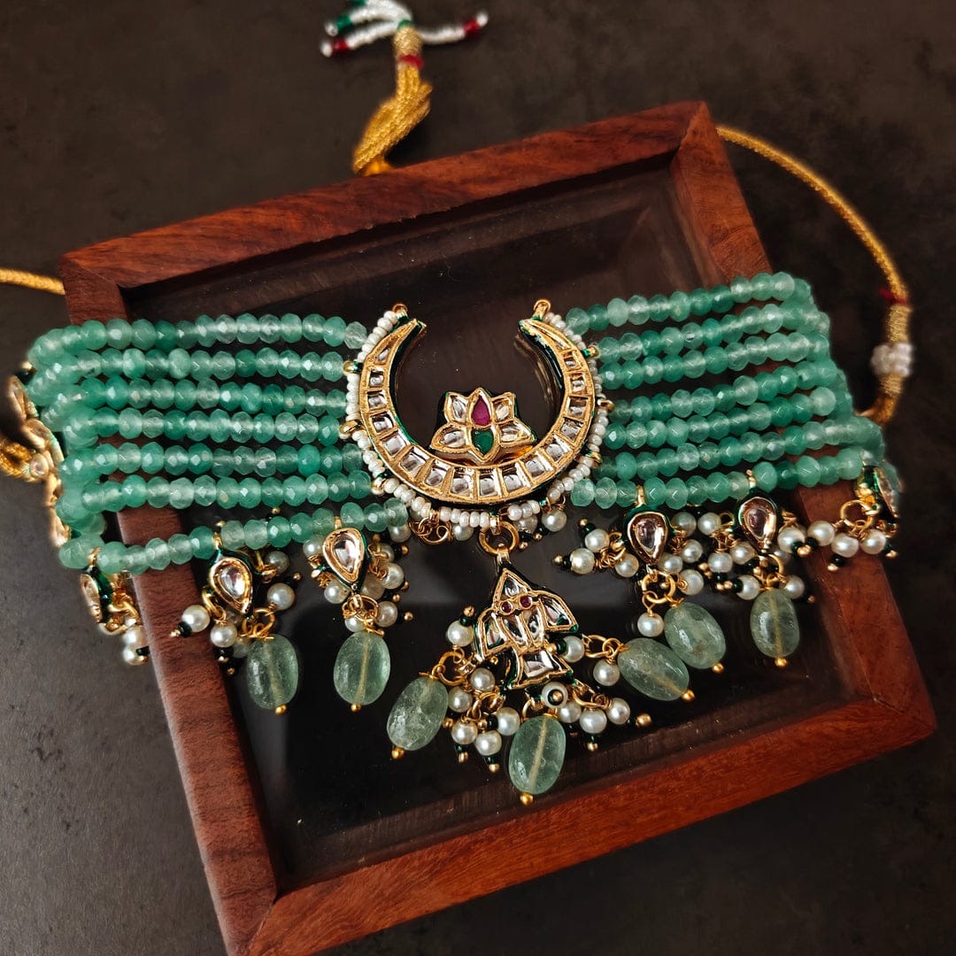 Bikaneri Mint Green Kundan Chaand Choker Necklace set