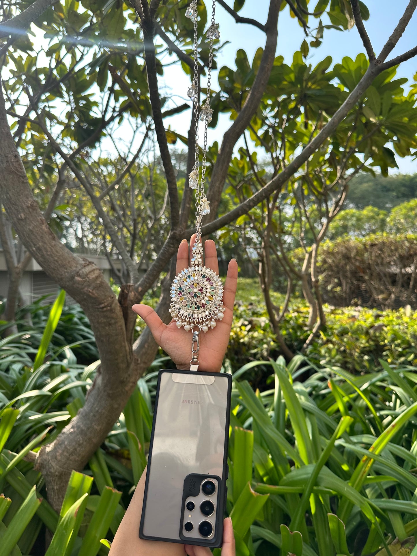 Handmade Silver Kundan Phone Sling – Silver Crossbody Chain with Charms, Universal Tether Tab