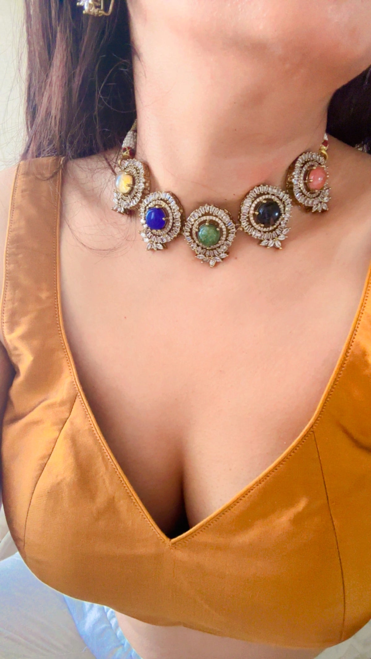 Sabyasachi Inspired Kundan Choker Necklace Set | Pastel Stones, Crystal Halo, Antique Gold Plating