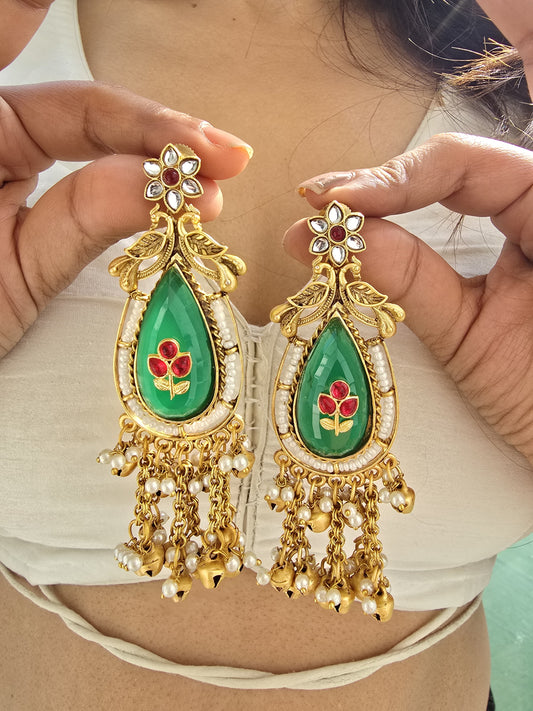 Kundan Chandbali Earrings | Matte Gold, Green Stone, Pearl Ethnic Jewelry